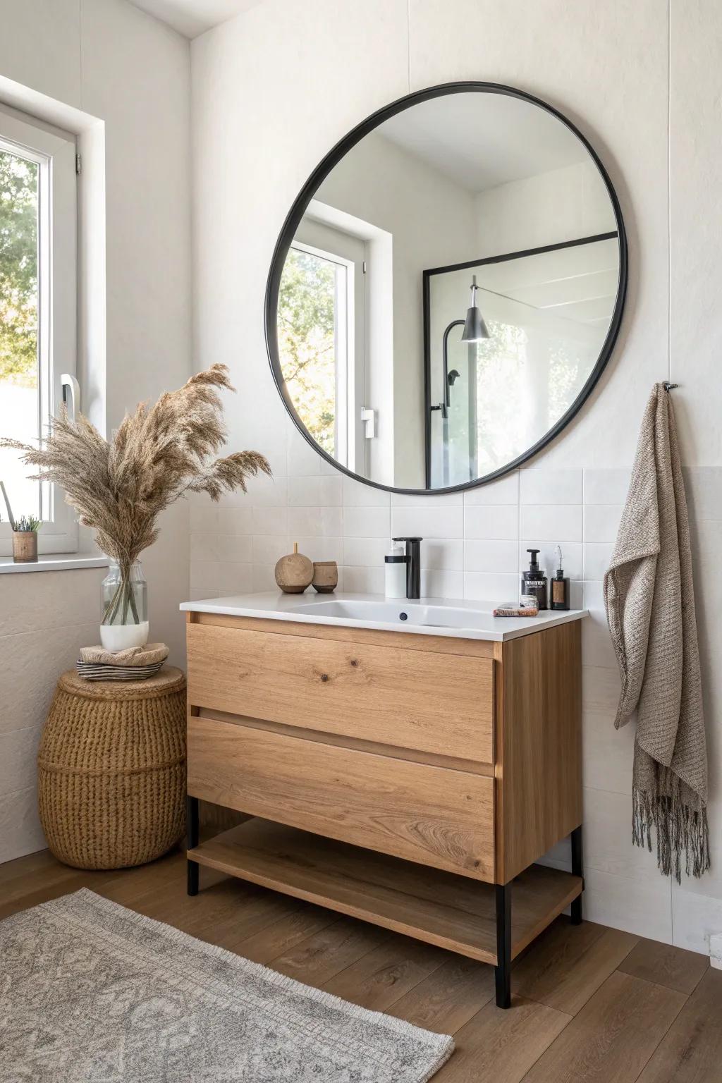 One oversized mirror instantly makes a narrow powder room feel brighter and twice as wide.