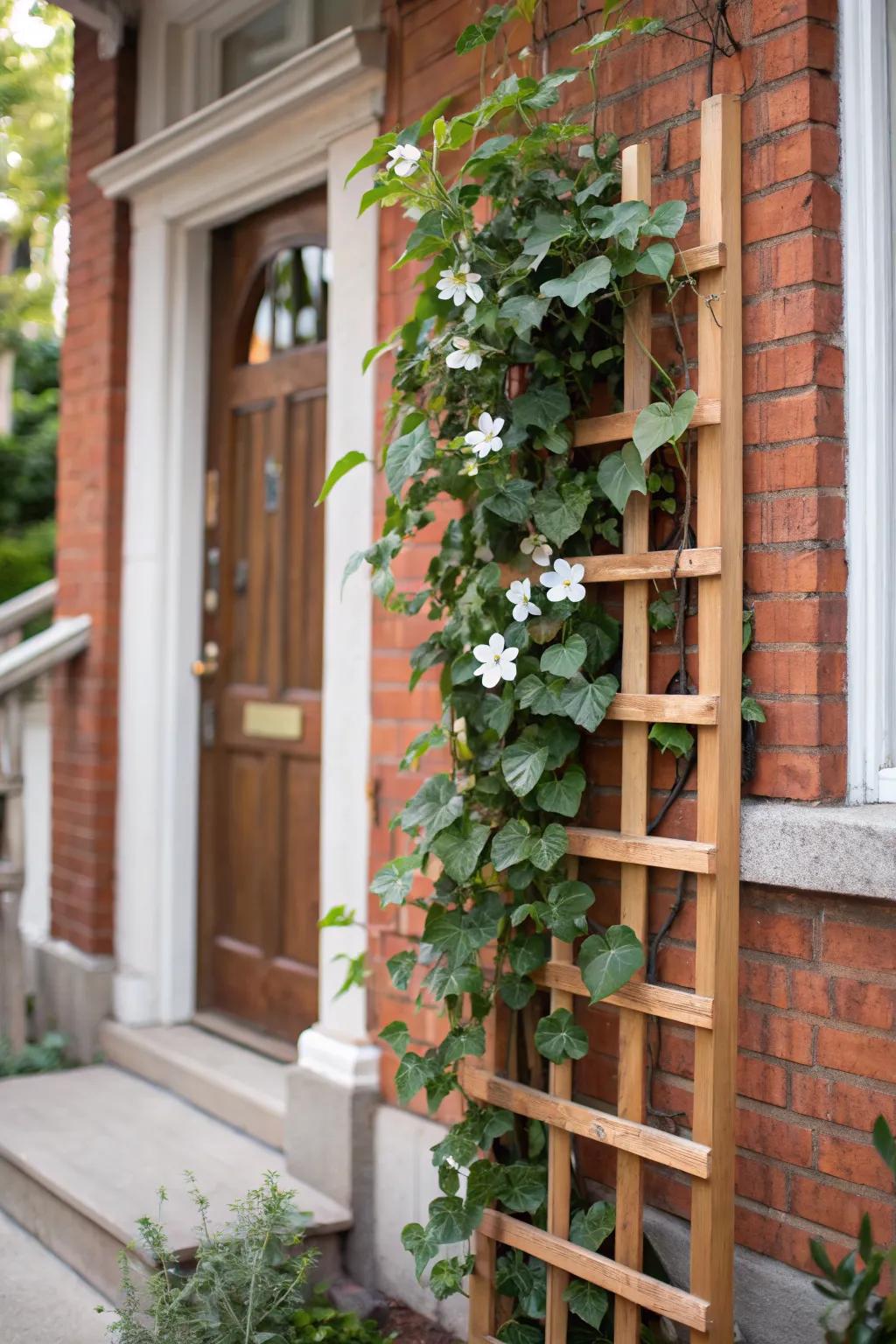 A slim wooden trellis turns a tiny townhouse entry into a lush green wall—no extra floor space.