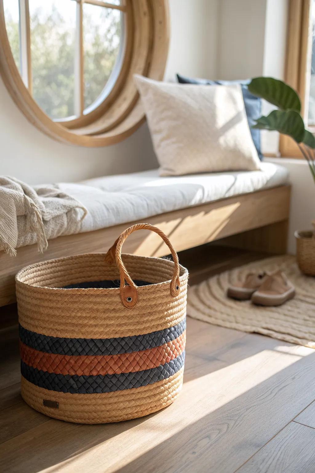Slide-out under-bench baskets keep a small treehouse tidy—pretty storage that hides clutter fast.