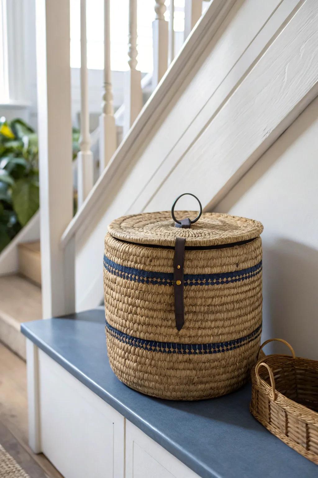 A lidded basket on a low landing shelf hides the chaos—minimal, calm, and beautifully made.