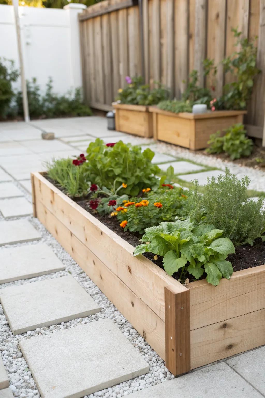 A single raised bed on bright gravel—patio-friendly, clean-lined, and packed with color.