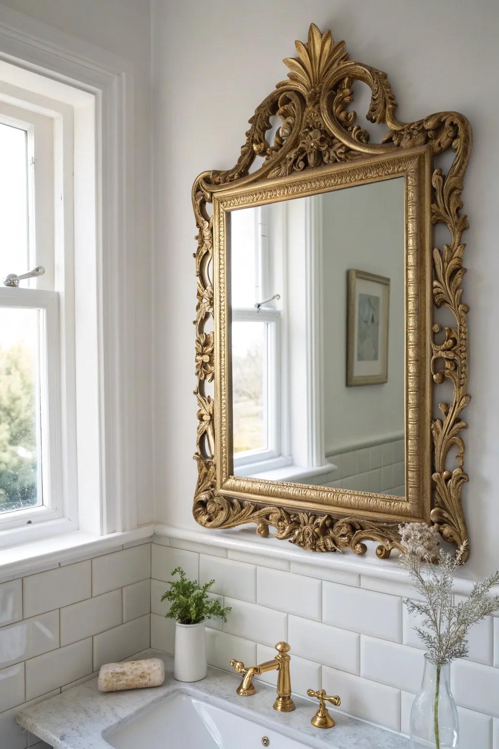 An oversized ornate mirror instantly doubles the light and makes a tiny Victorian bath feel deeper.