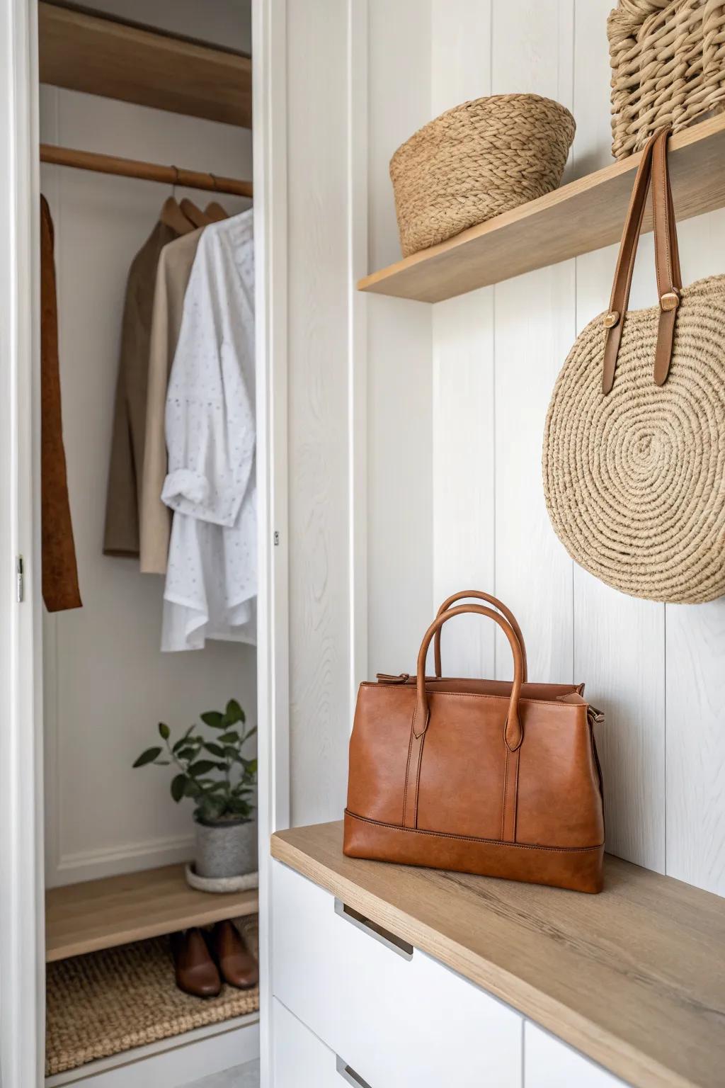 A dedicated handbag shelf keeps your favorite bag upright, visible, and easy to grab.