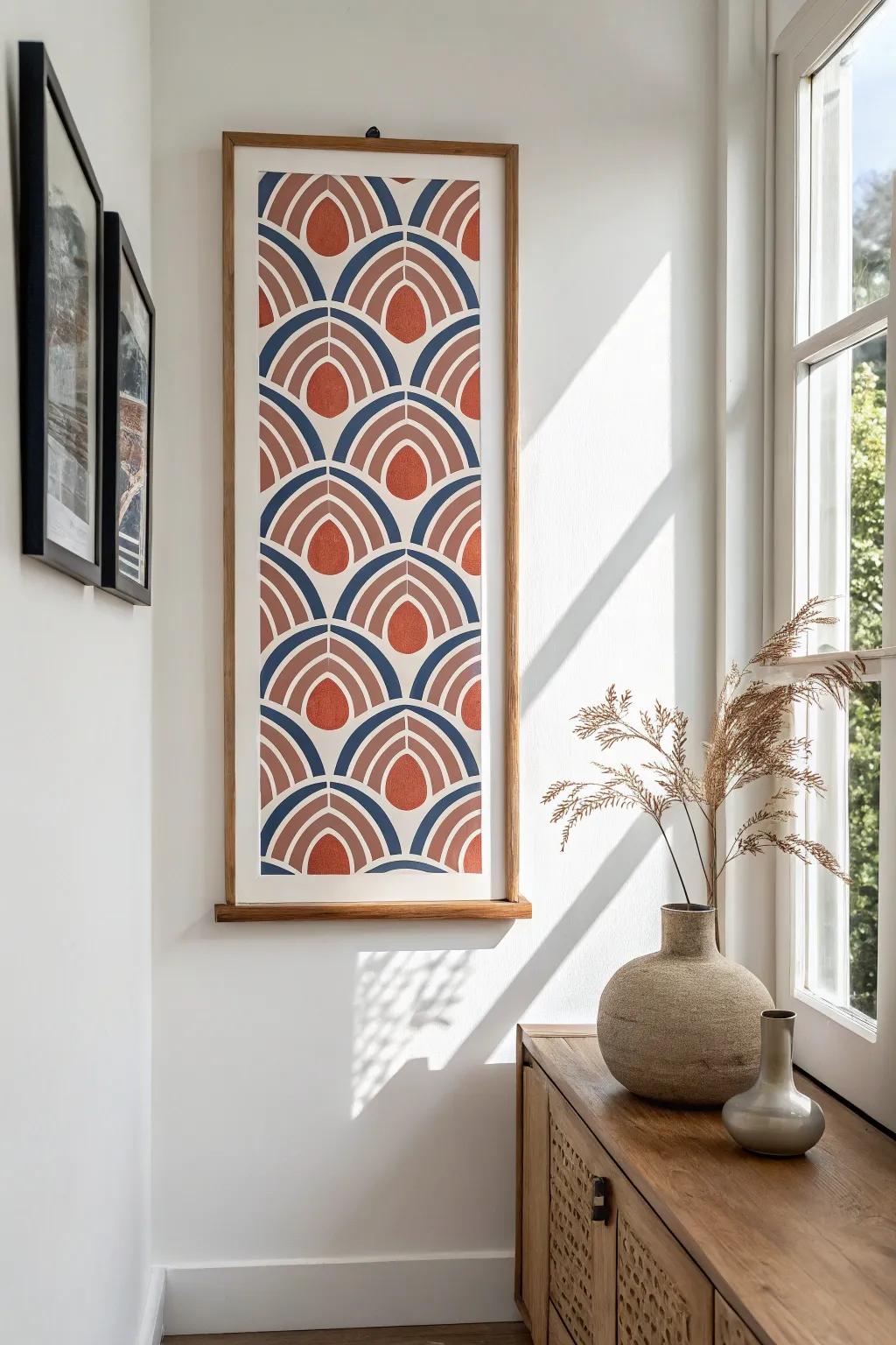 A single removable wallpaper panel adds bold pattern to a narrow wall—renter-friendly.