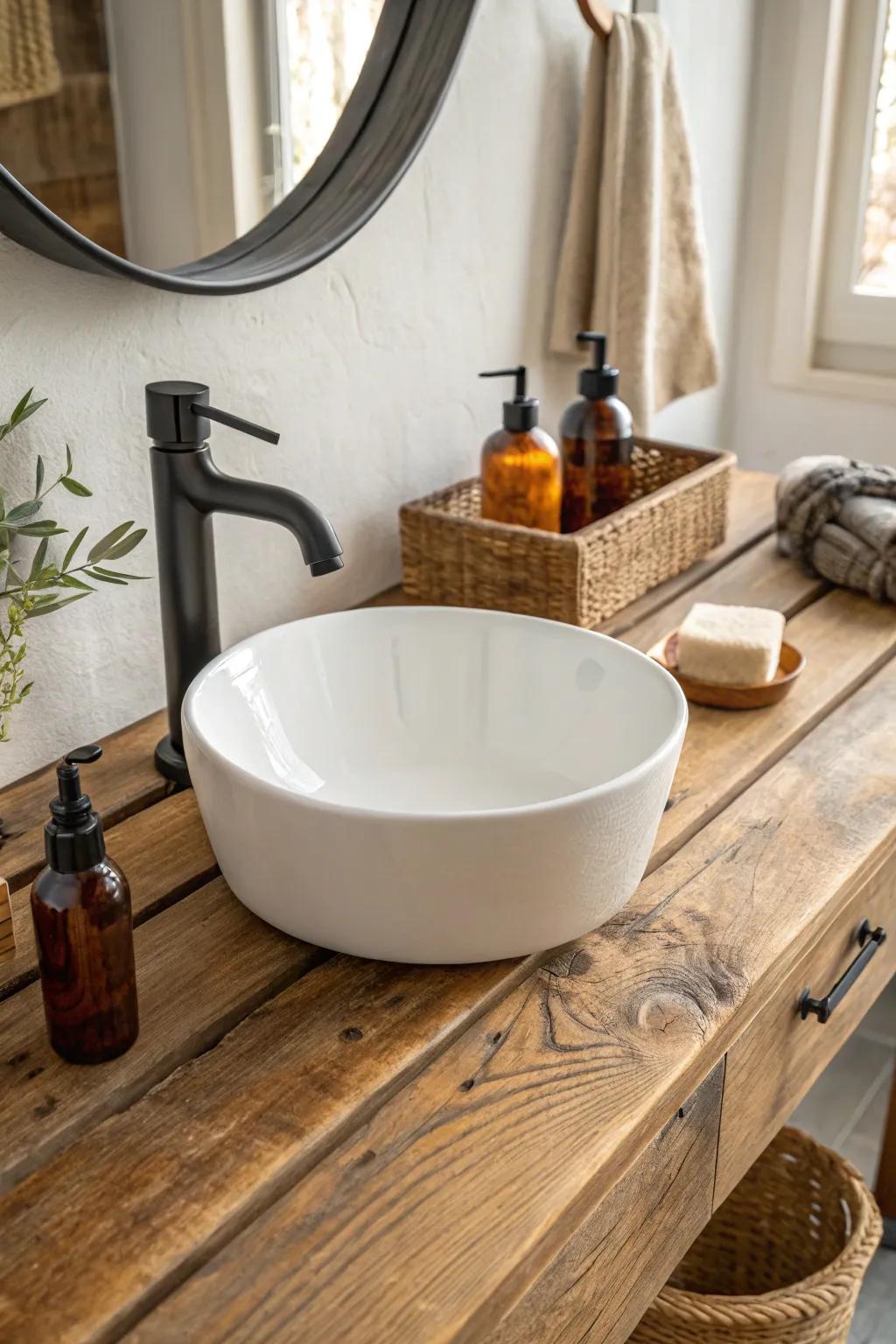 Matte white vessel sink on rustic wood—ranch charm meets minimalist small-bath style.