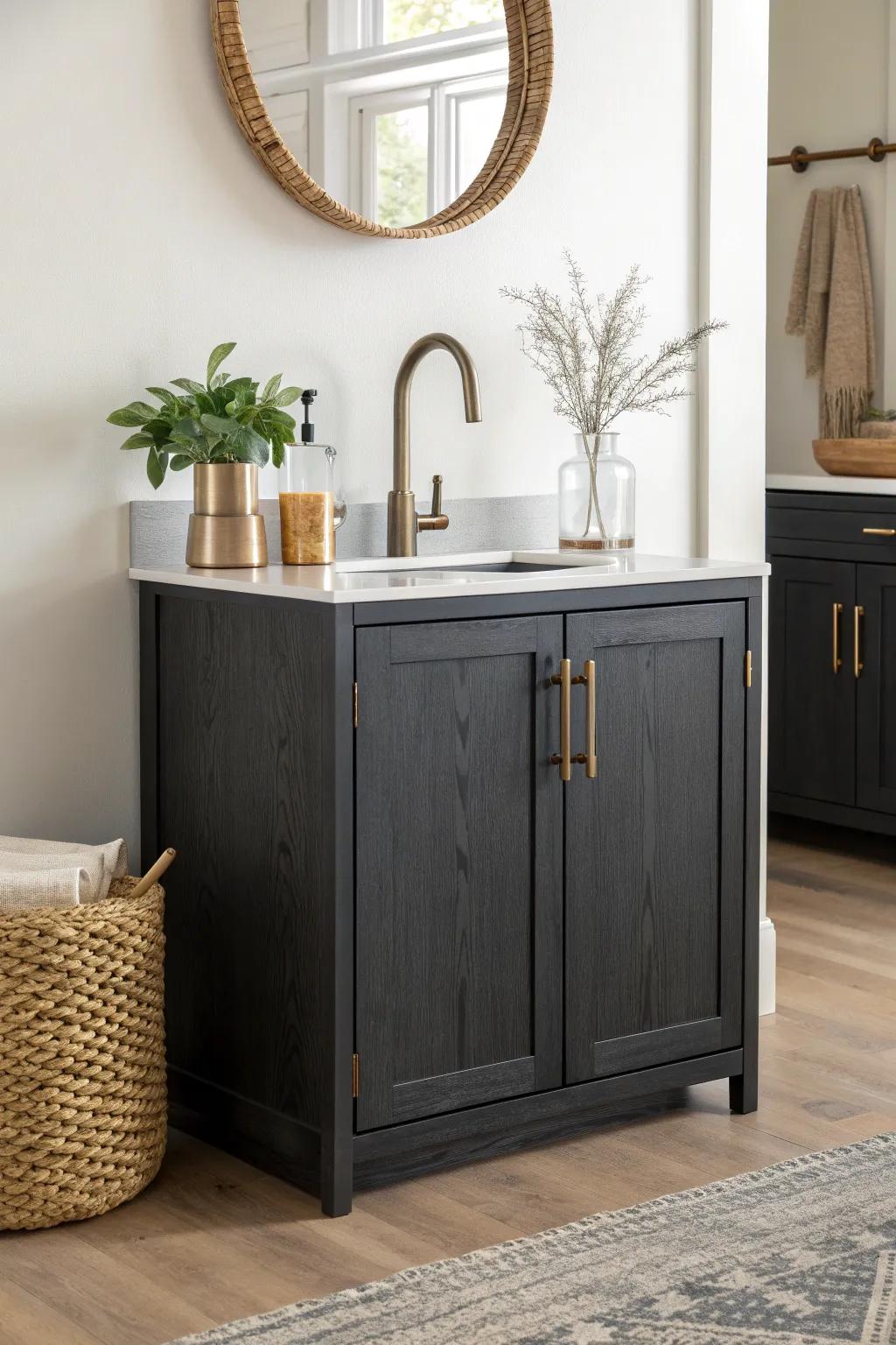 Dark base cabinets ground a tiny wet bar—instantly richer, furniture-like, and still airy.