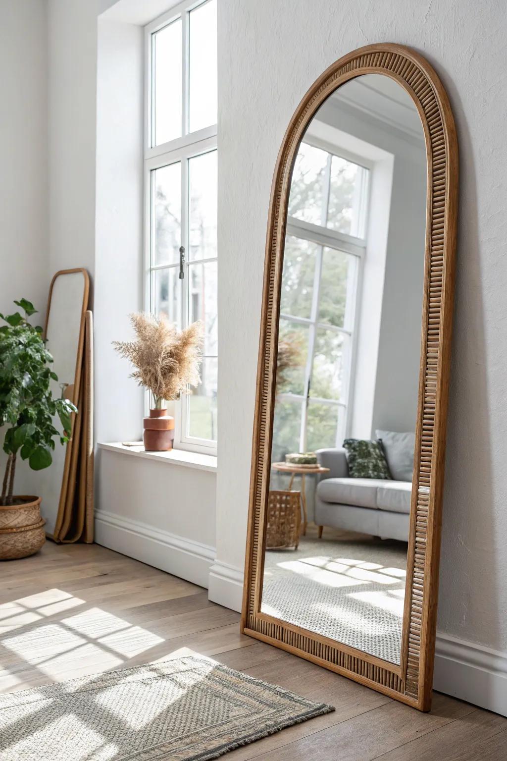 One oversized mirror turns a small white living room into a brighter, deeper-looking space.