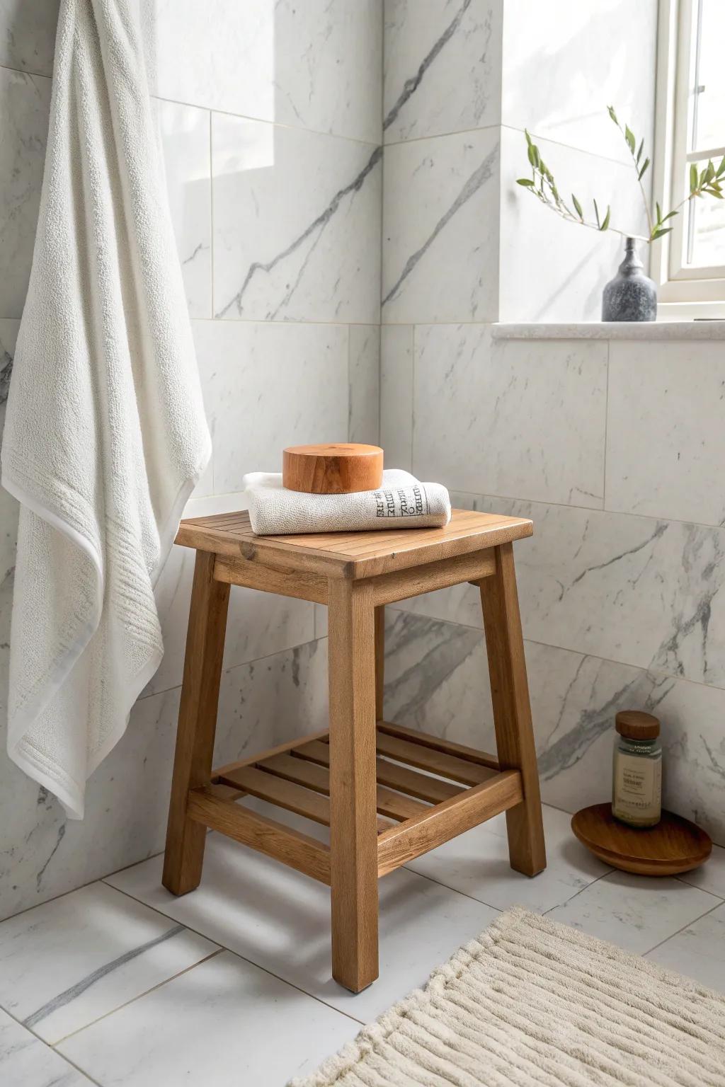 Warm oak beside white marble adds instant coziness—minimal, feminine, and space-smart.