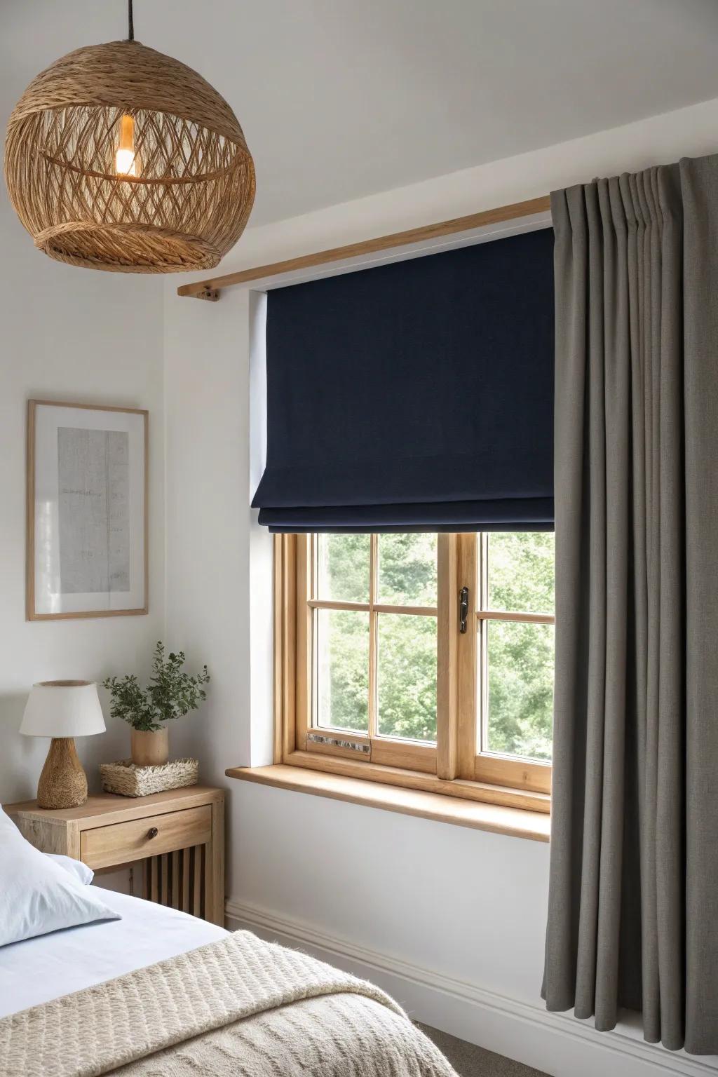 Midnight navy blackout blind—small bedroom window, big sleep upgrade with chic contrast.