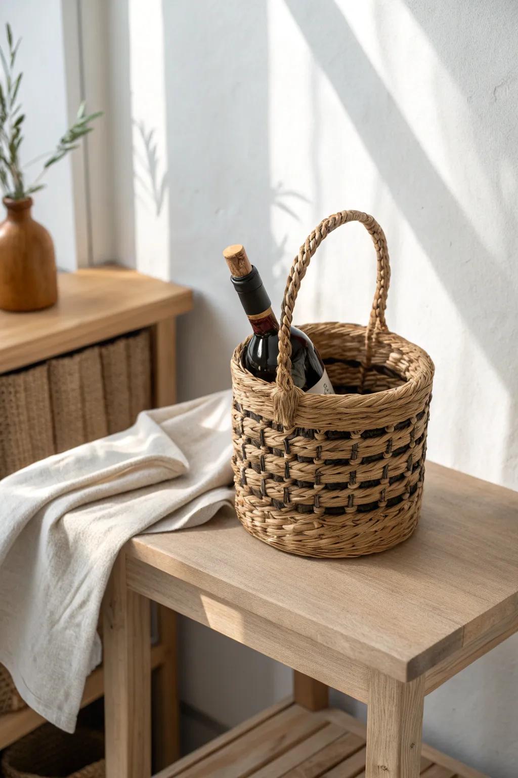 Tiny woven basket with a sleek corkscrew + stopper—small, stylish, and always ready.
