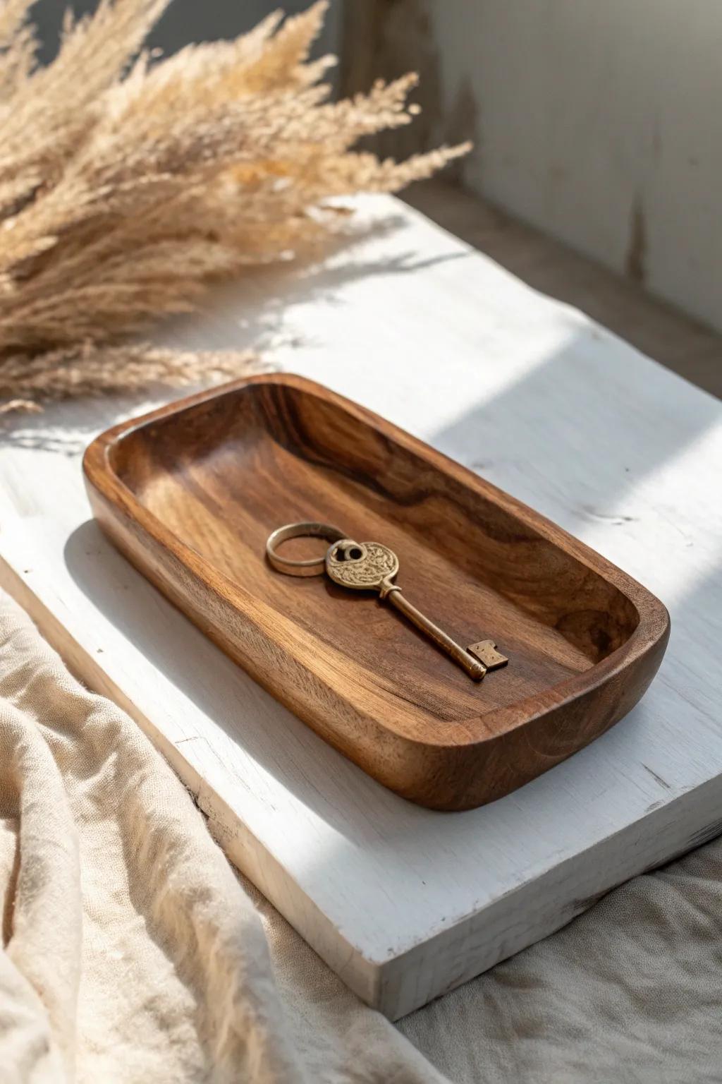 A sealed live-edge wood slab tray that turns entryway chaos into calm, minimal style.