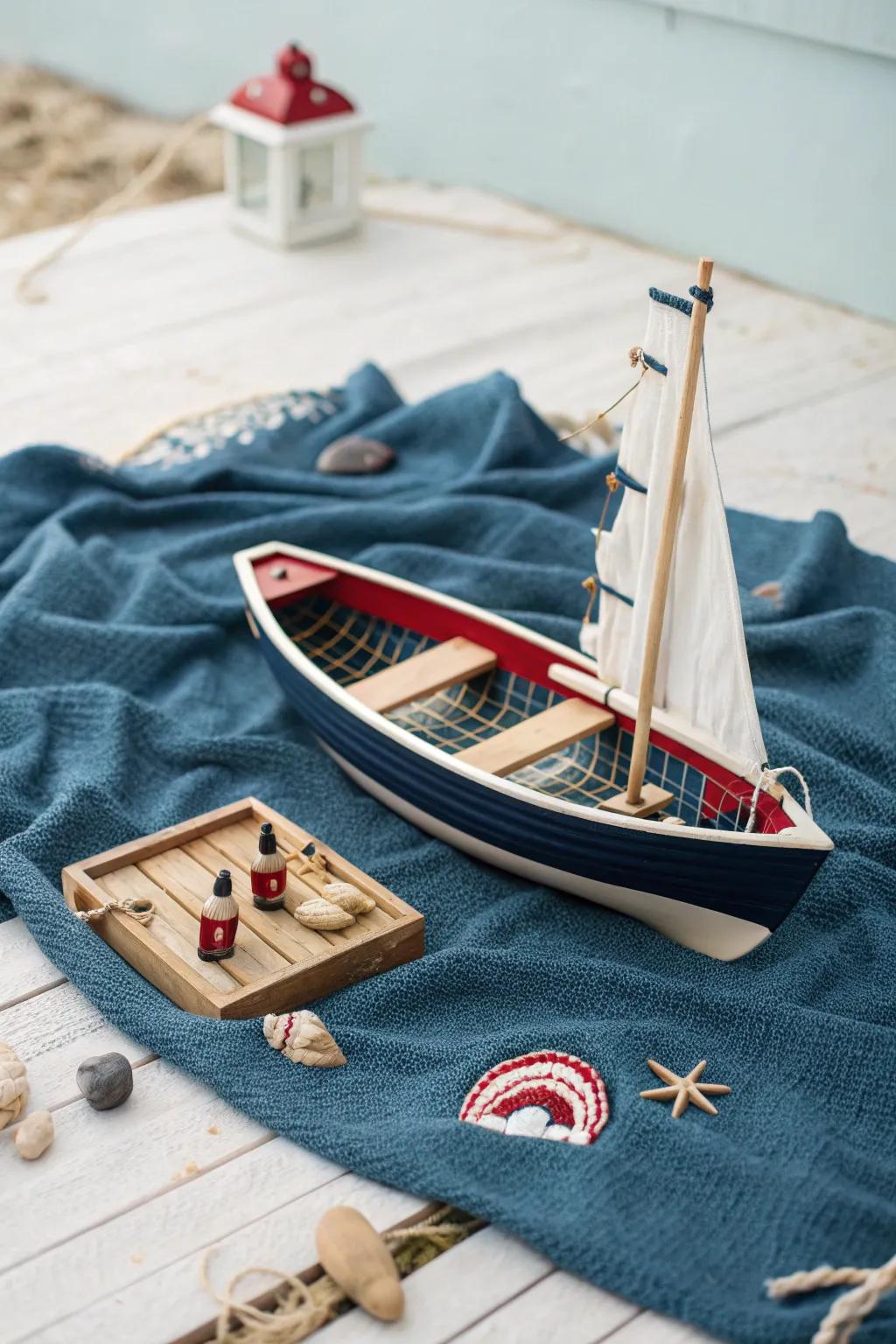 Set sail on a miniature adventure with this handcrafted seaside harbor scene, where simplicity meets bold beauty.