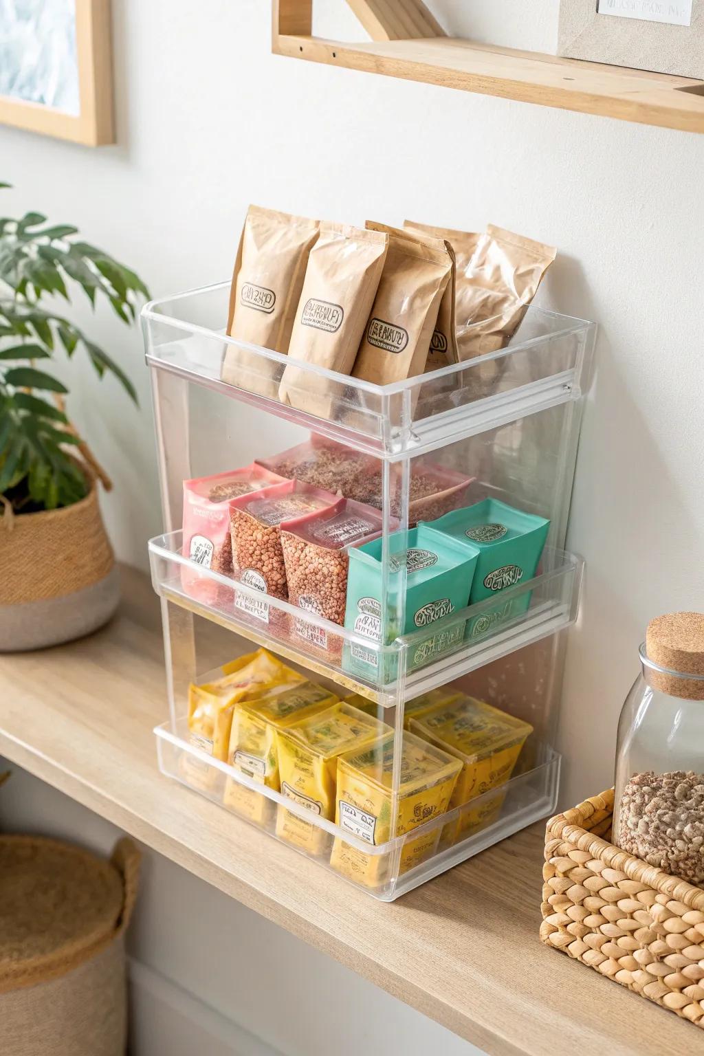 Stackable snack bins turn vertical space into a tidy, color-pop snack station.