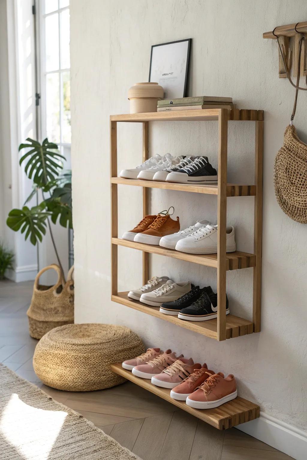 Turn a blank wall into a chic sneaker display with airy shelves and cohesive color tones.