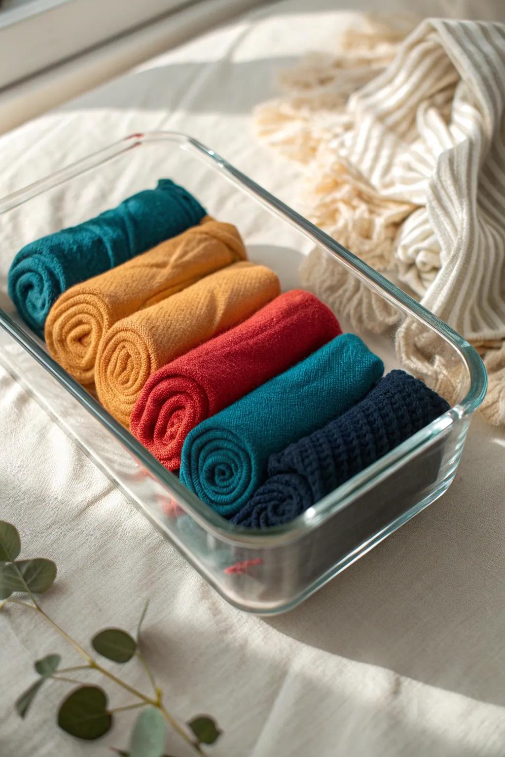 Repurpose clear food containers to spot every sock fast—perfect for tiny drawers.
