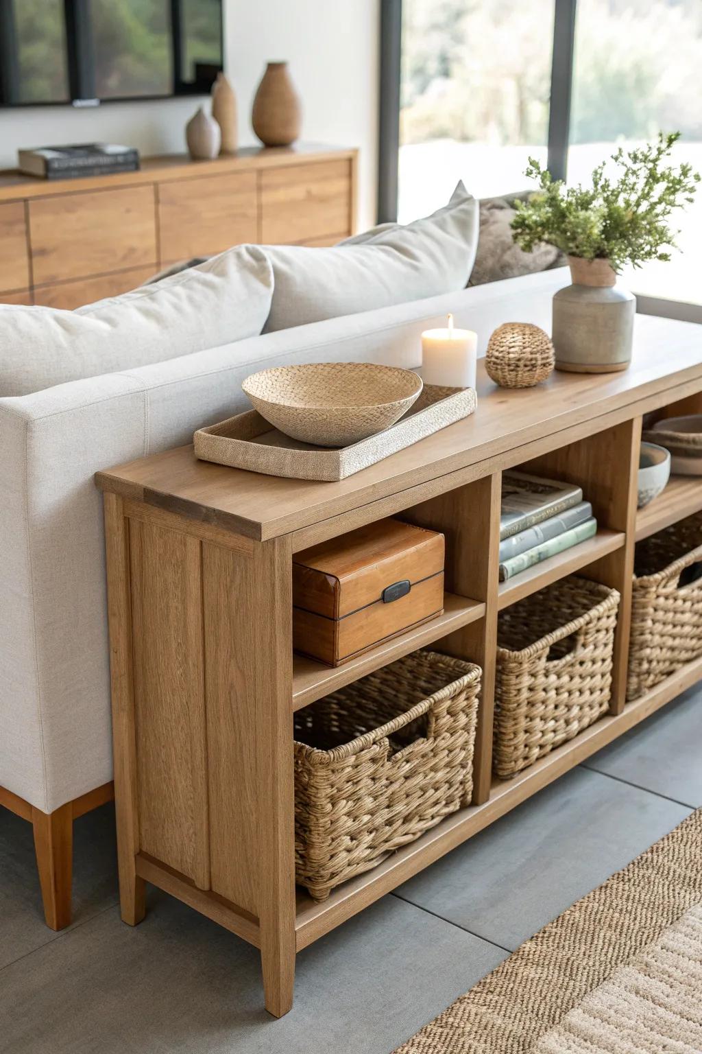 A slim console behind the sofa hides baskets of throws and games—instant clutter control.