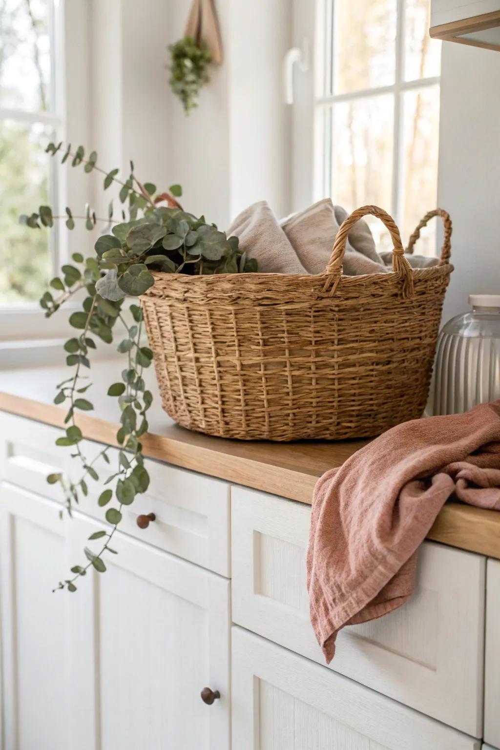 A soft seasonal swap zone above cabinets—one basket, fresh textures, zero clutter.