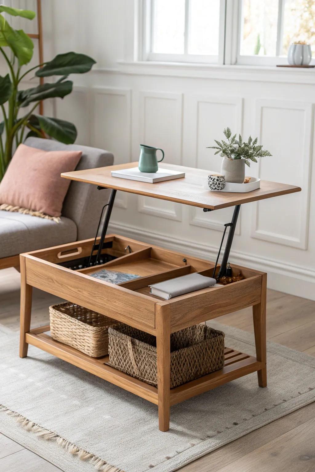 A lift-top coffee table that turns into a comfy laptop desk and dinner spot—perfect for small spaces.