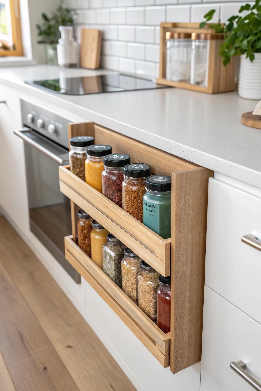 A pull-out spice shelf that brings every jar to you—perfect for tiny, busy kitchens.
