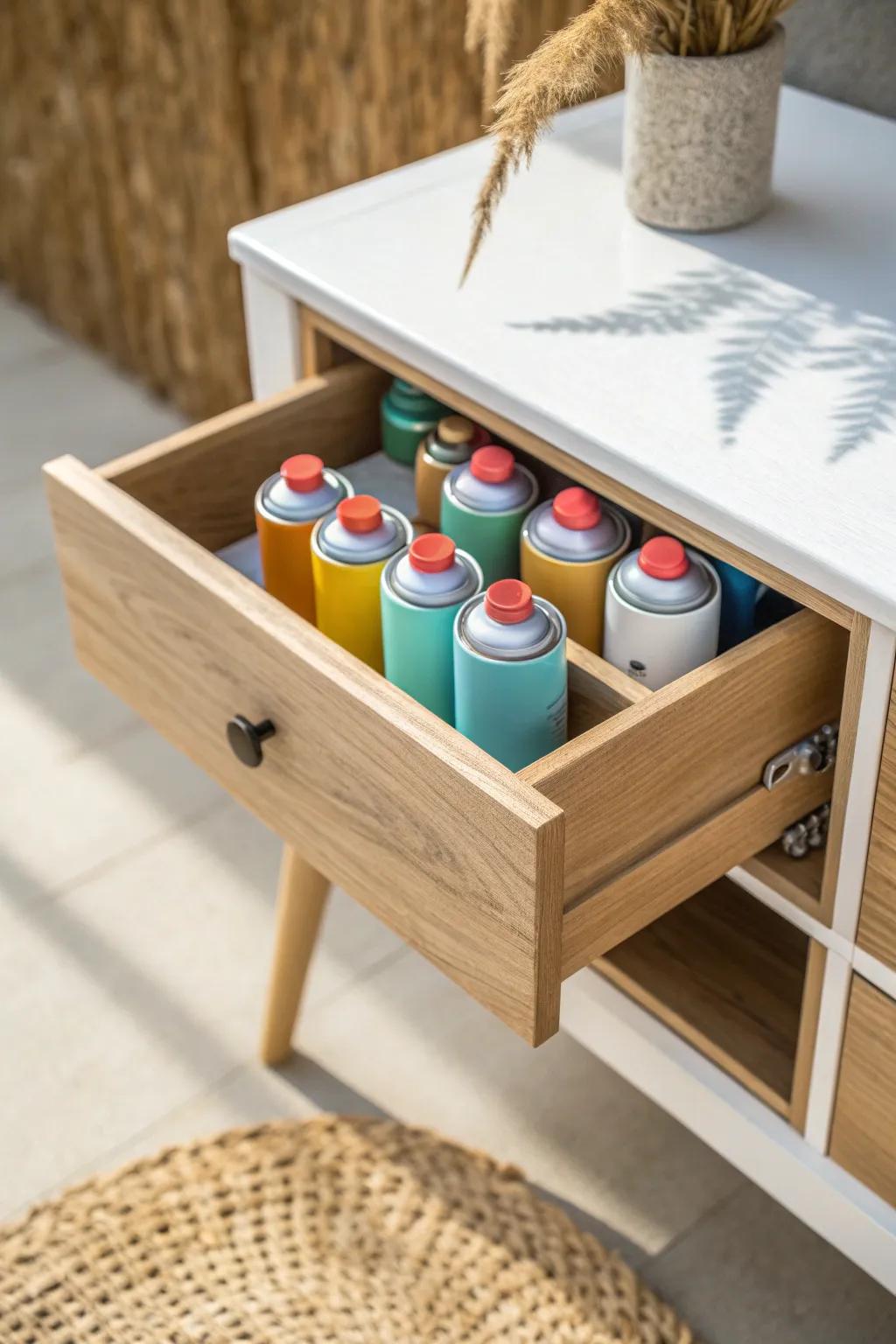 Deep drawer magic: sleek dividers keep spray paint cans upright, quiet, and easy to grab.
