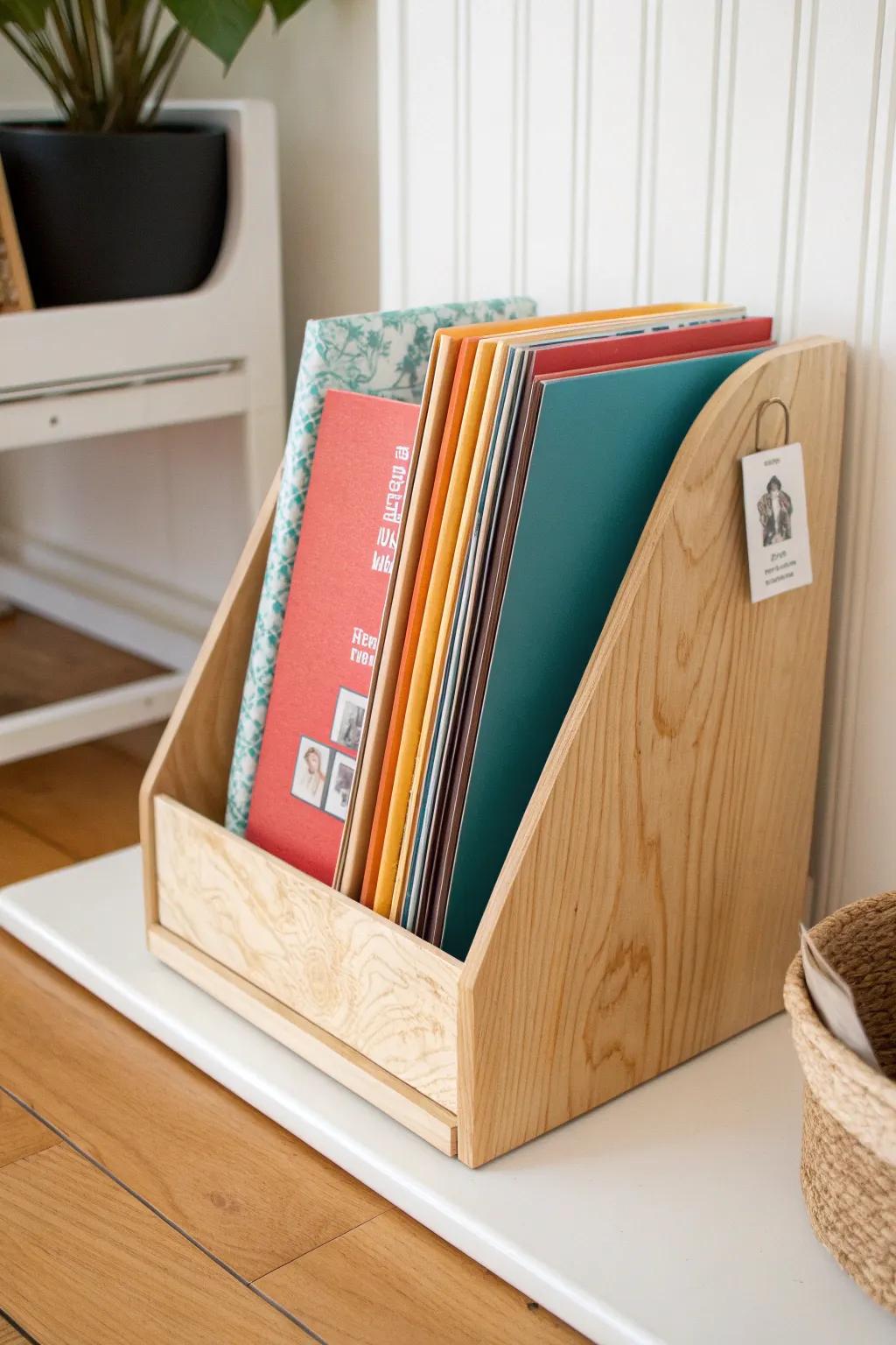 Stand bulky sticker books upright in a chic magazine holder—small-shelf storage that stays visible.