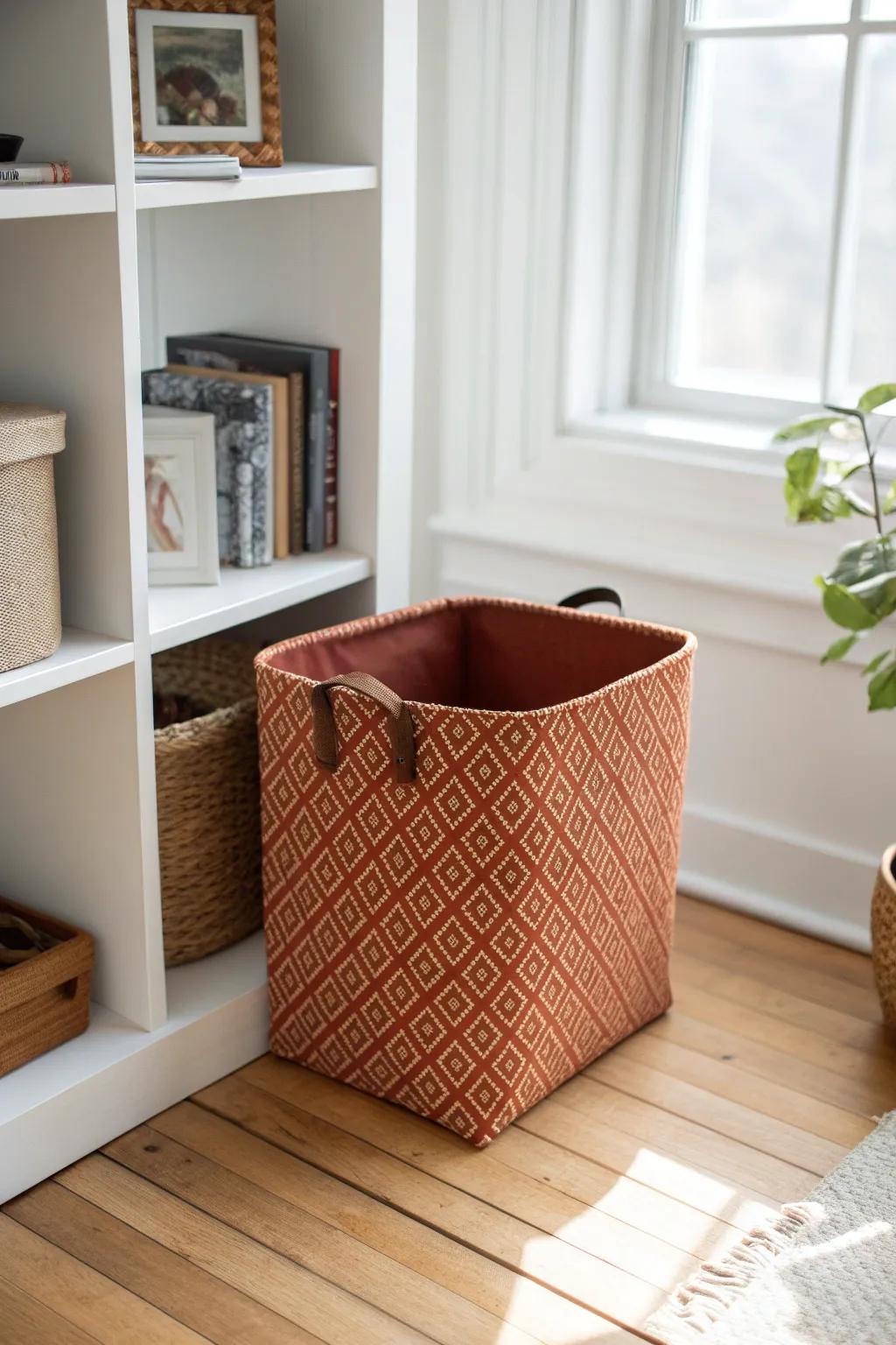 Terracotta cube bin: the pretty way to hide blankets, games, and cords in a small living room.
