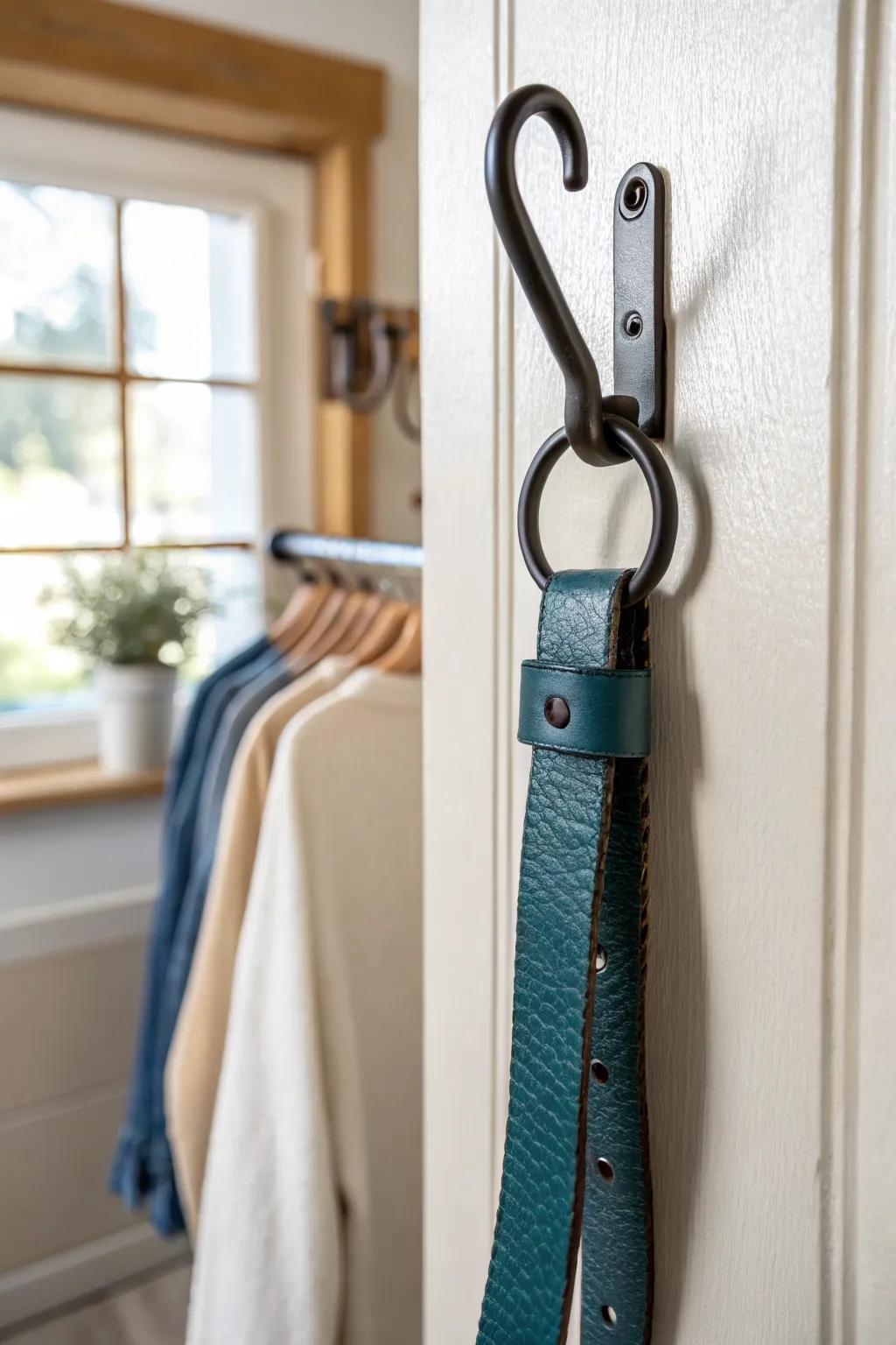 One removable wall hook keeps belts and bags off shelves—simple, stylish storage for tiny closets.