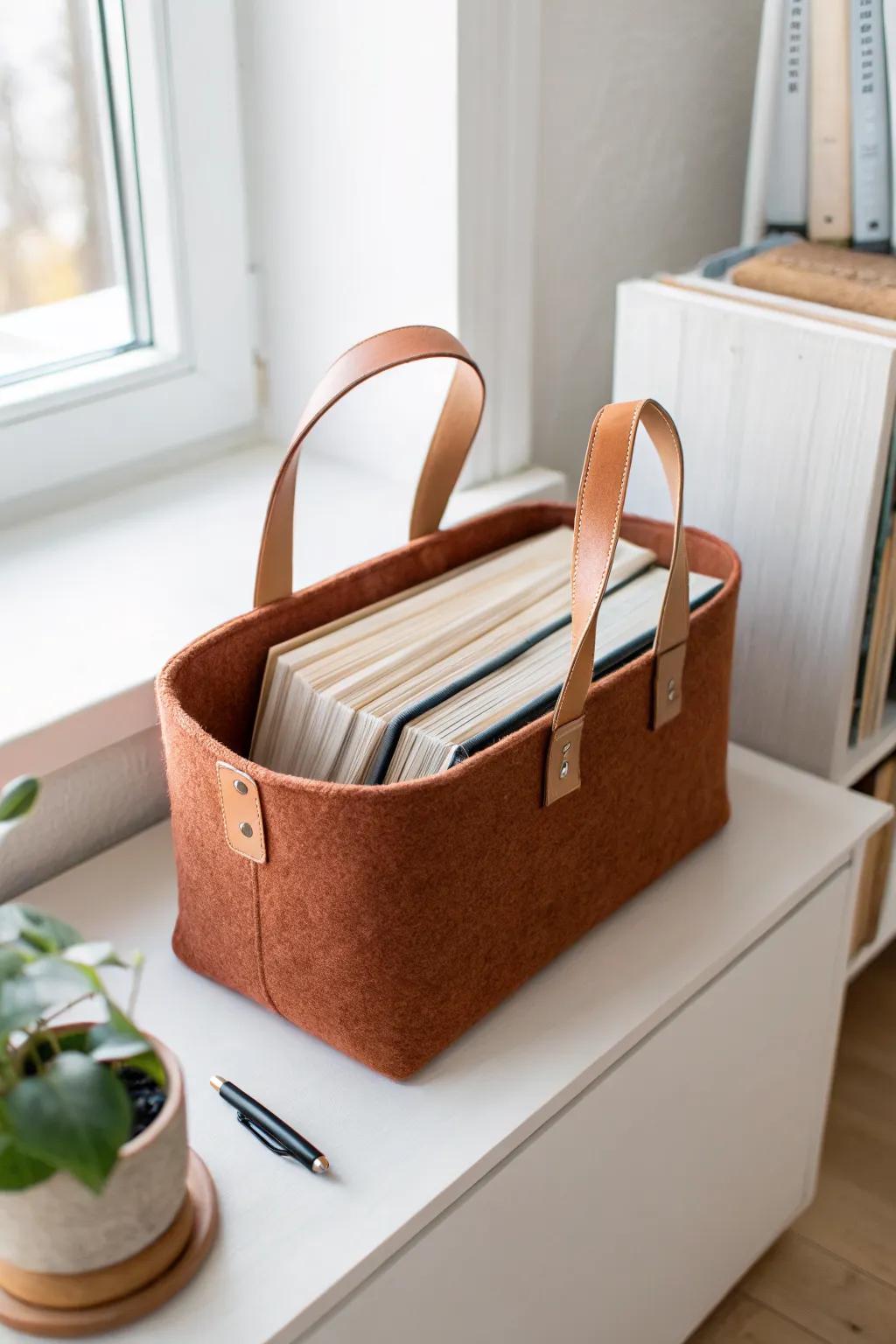 Keep heavy textbooks off your tiny desk—stash them neatly in a stylish, portable book bin.