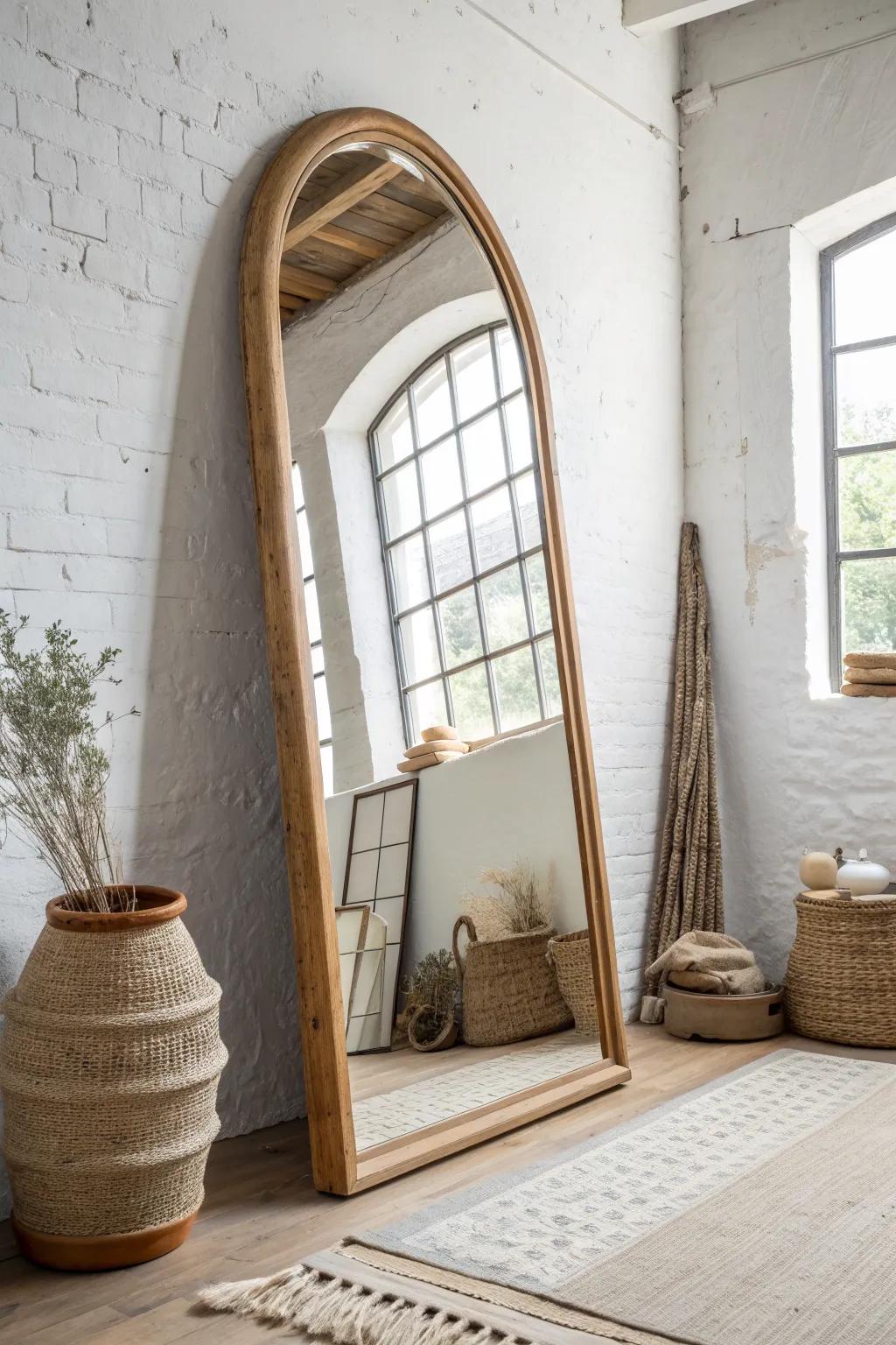 An oversized mirror bounces basement window light, making a tiny studio feel instantly brighter.