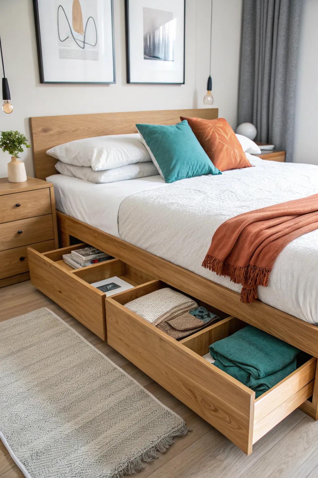Platform bed with deep storage drawers: the studio-friendly upgrade that can replace a full dresser.