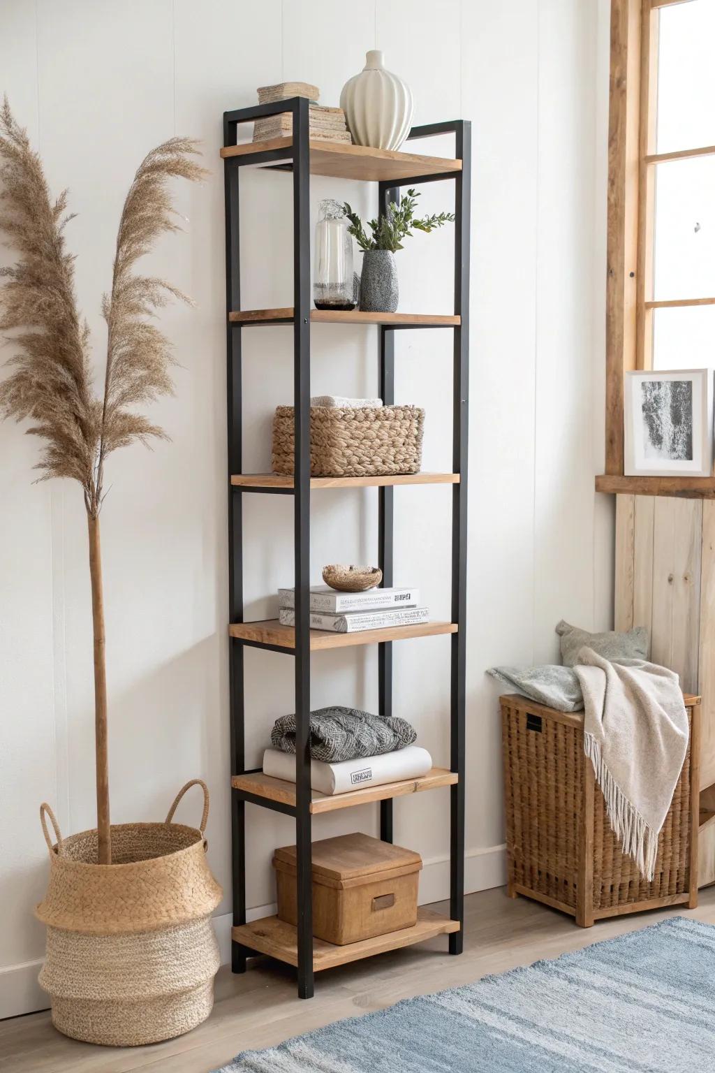 Go tall: vertical shelving that doubles as decor up top and storage down low in a studio.