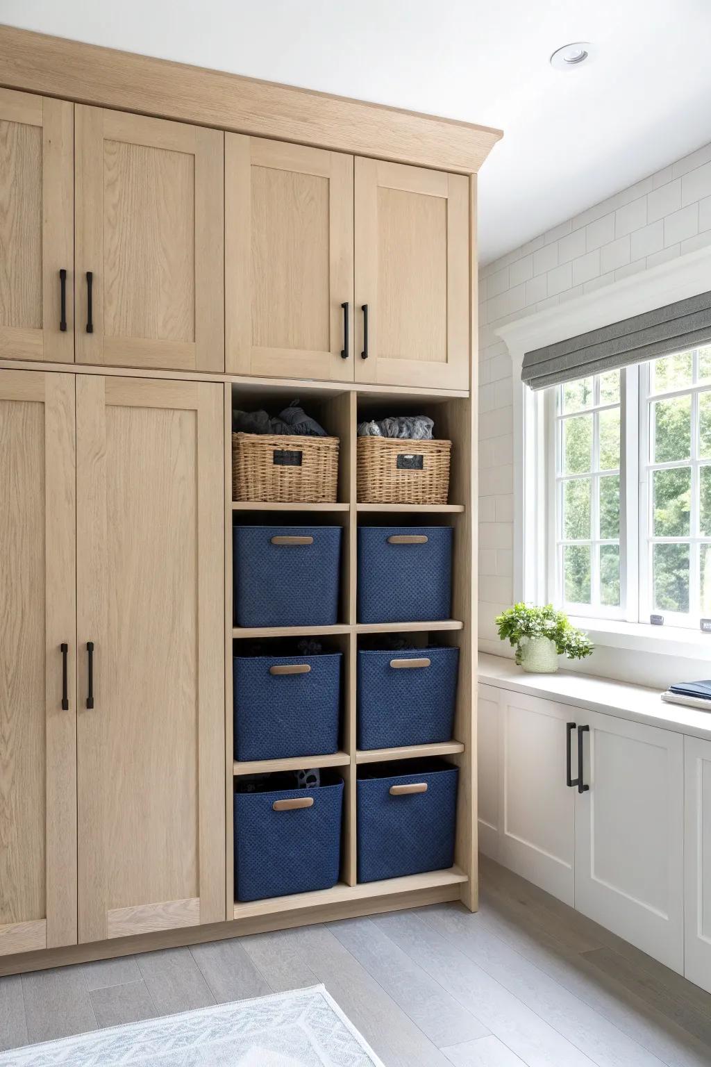 Ceiling-height storage + matching bins: use every inch above your studio kitchen cabinets.