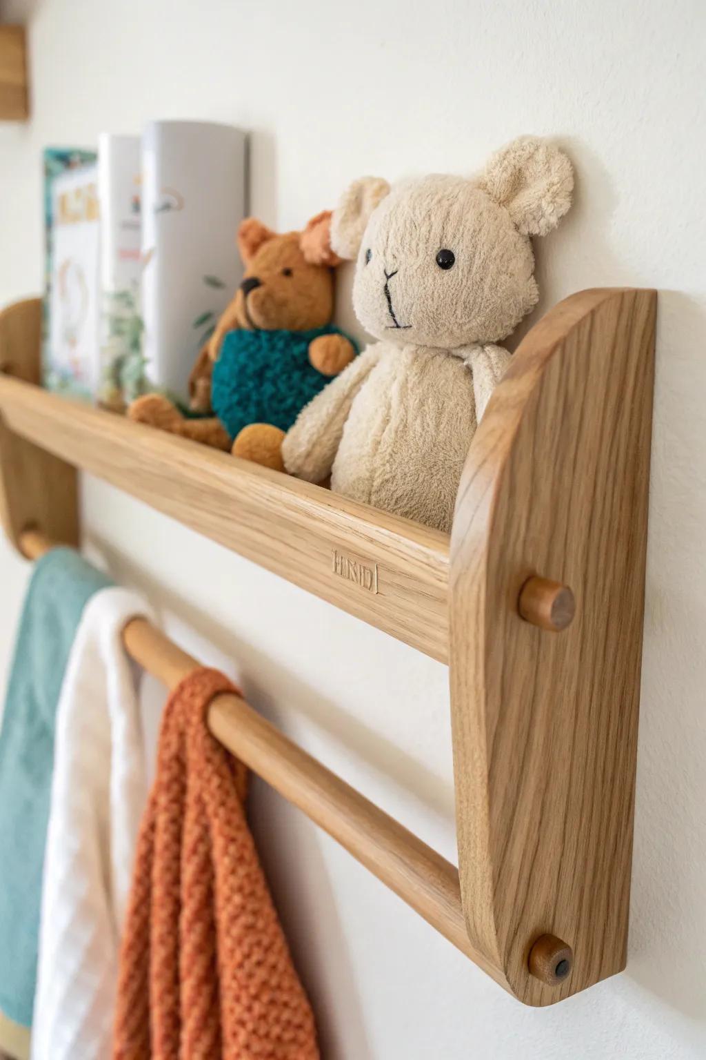 Front-rail wall shelf keeps favorite plushies secure—pretty display, no daily pick-up duty.