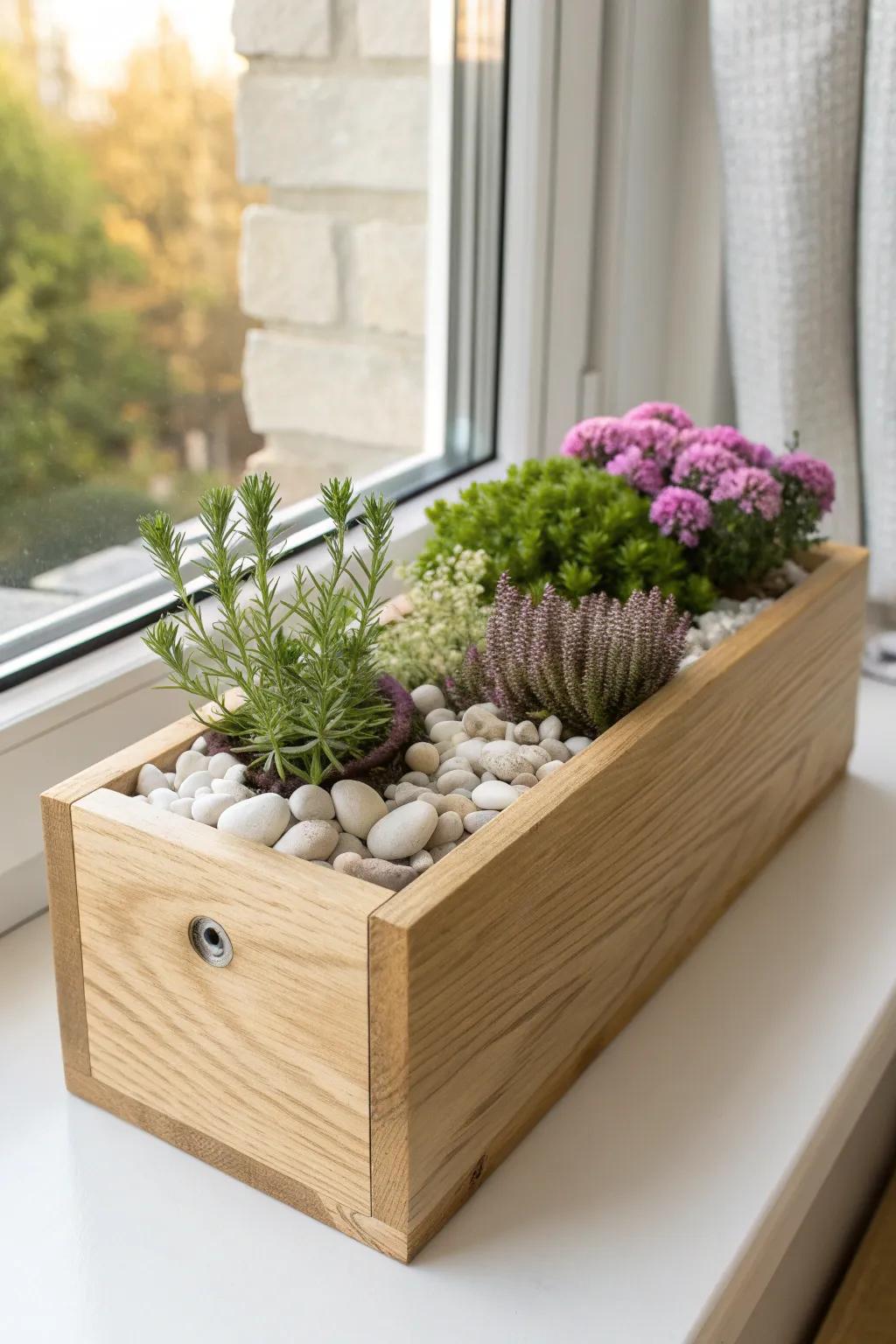 Heat-tough, low-water window box with bold succulents + herbs—perfect for blazing sunny windows.