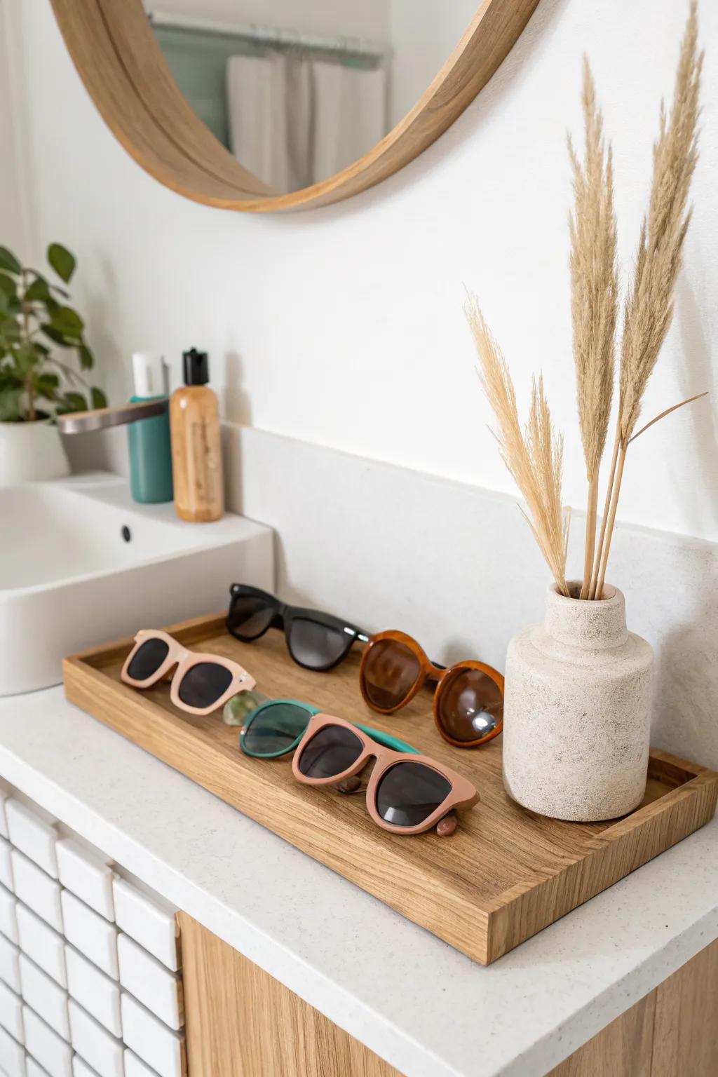 Turn sunglasses into décor: a shallow floating ledge shelf styled in a satisfying color gradient.