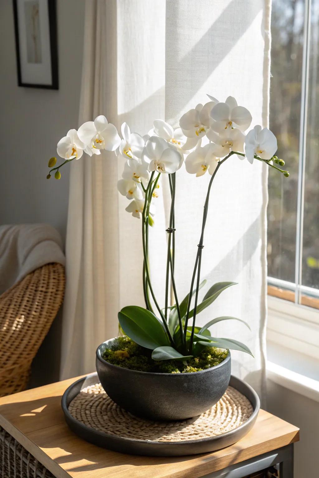 Group orchids together for a clean, luxe sunroom vignette—effortless and elevated.
