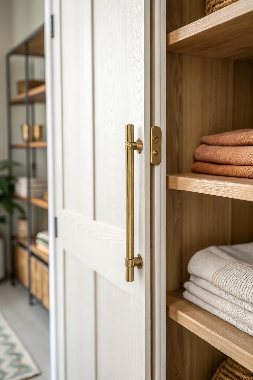 Use dead door space: a slim brass bar keeps tablecloths smooth, visible, and clutter-free.
