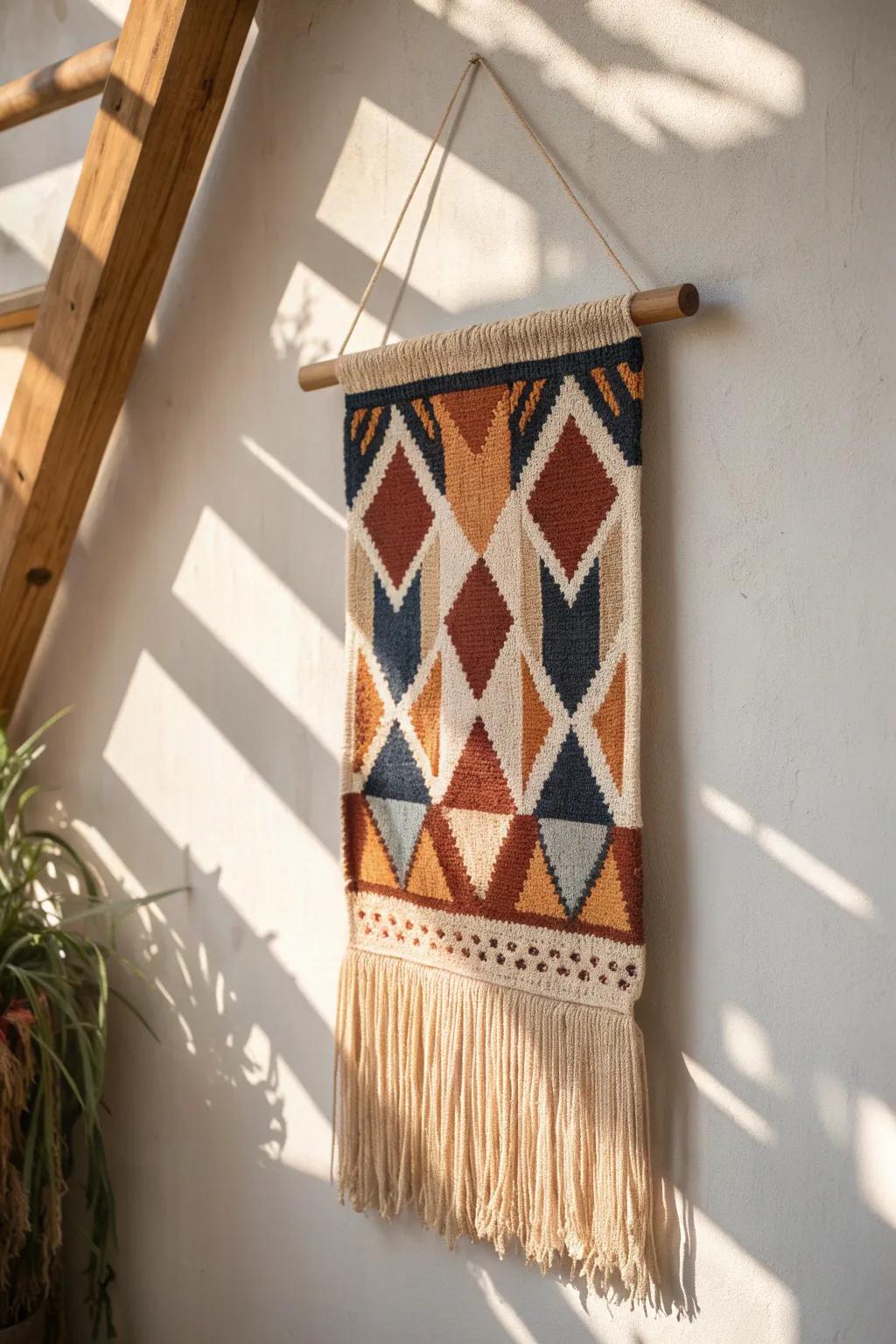 A bold woven tapestry adds warmth and softness—perfect for echo-prone small living rooms.
