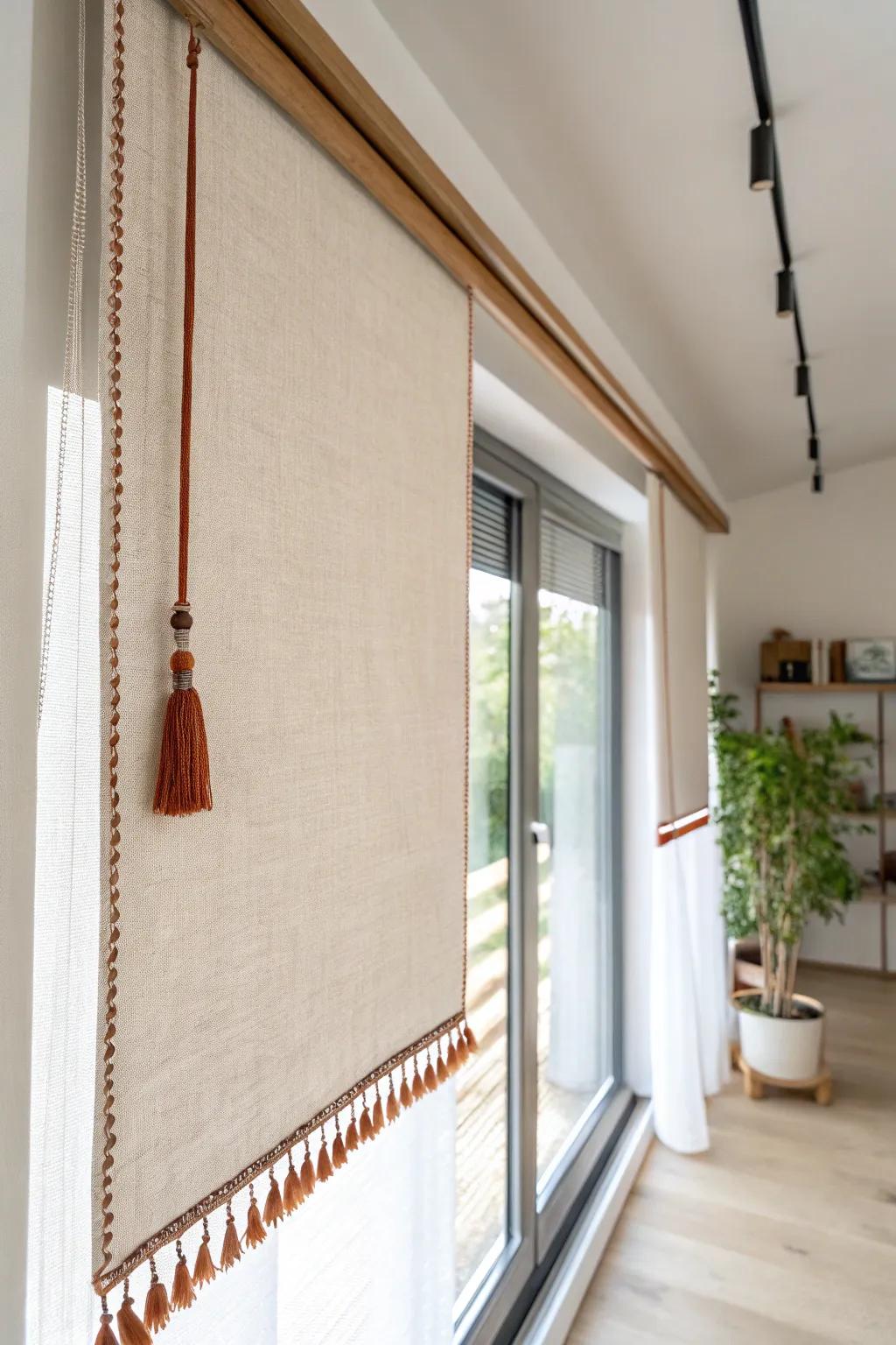 A sliding linen “soft wall” that hides your work nook—bright, airy, and totally temporary.