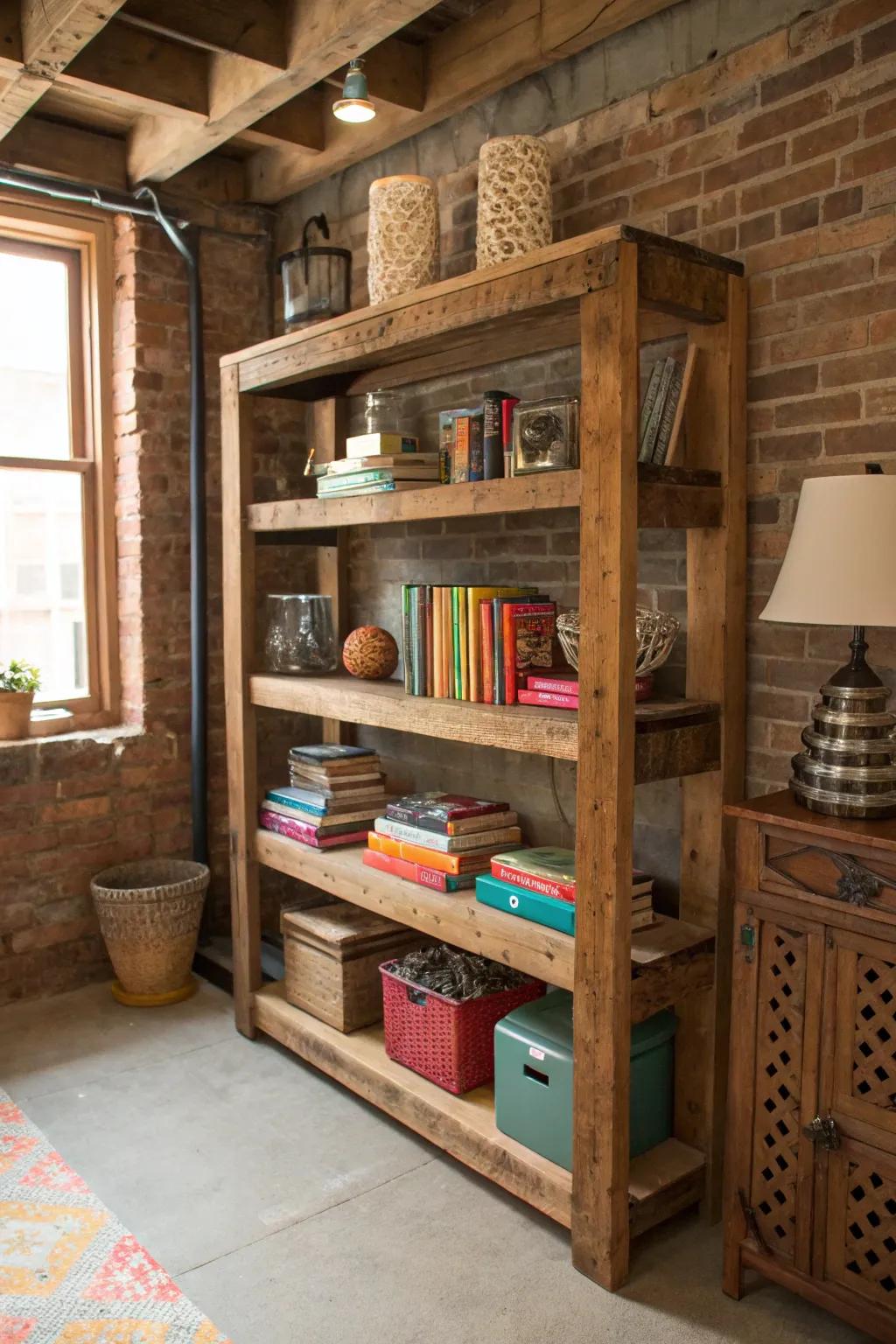 Transform your unfinished basement with stylish open shelving that combines storage and craftsmanship.