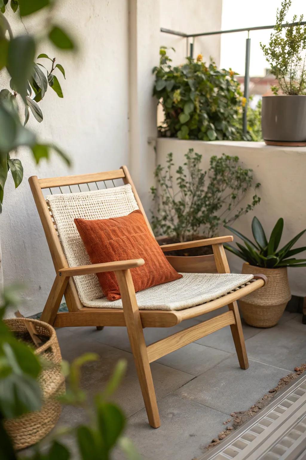 Create a tiny terrace living room—one cozy chair, bold cushion, and a ring of plants.