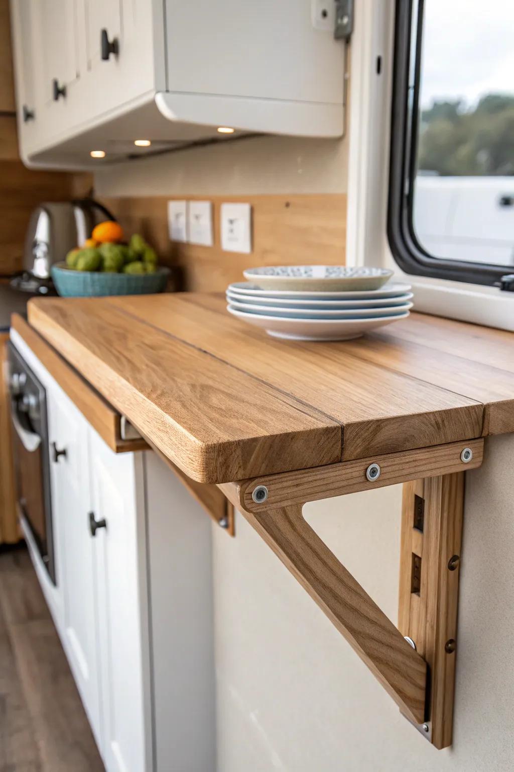 Fold-down dining ledge: a sleek eat-and-work spot that disappears to save floor space.