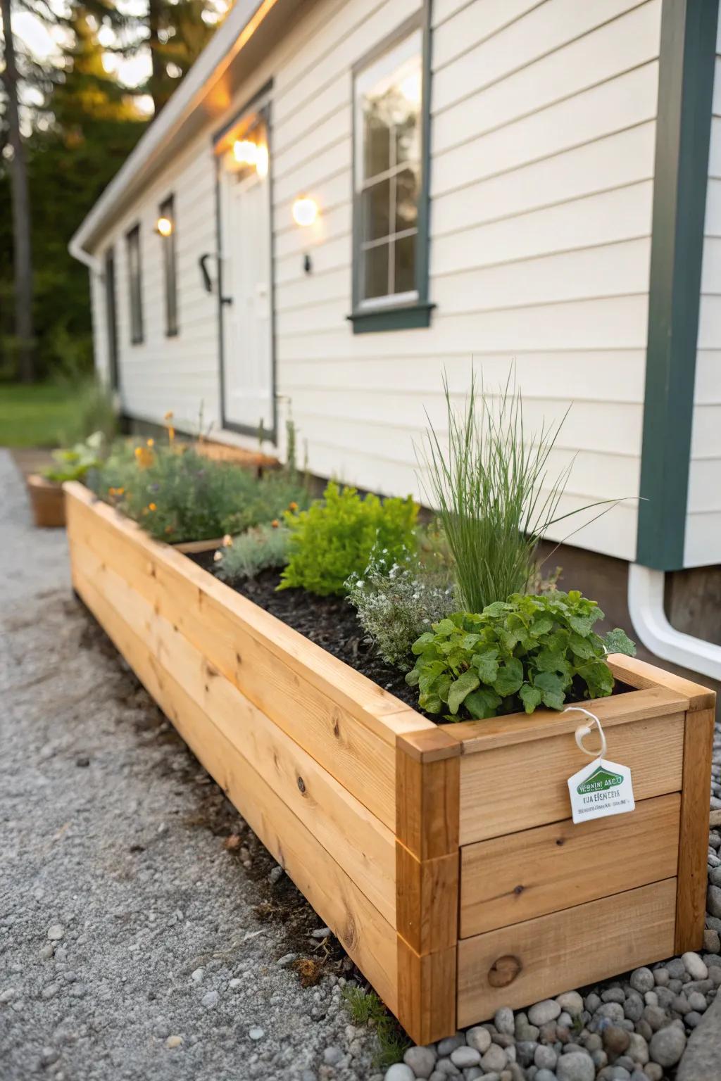A cedar raised bed keeps tiny-home landscaping tidy—lush, contained, and beautifully grounded.