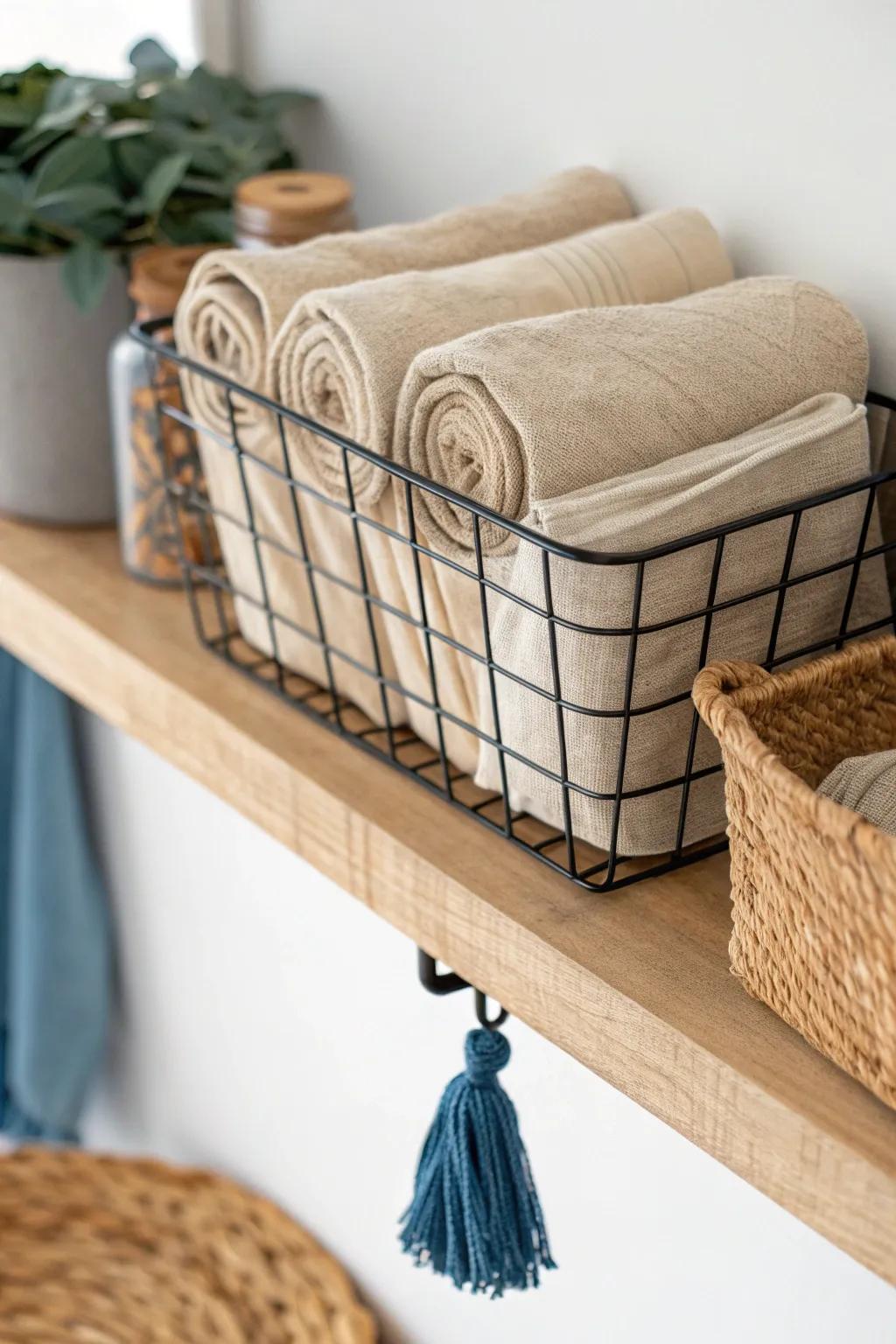Instant extra storage: a chic under-shelf basket that adds a second layer in tiny spaces.
