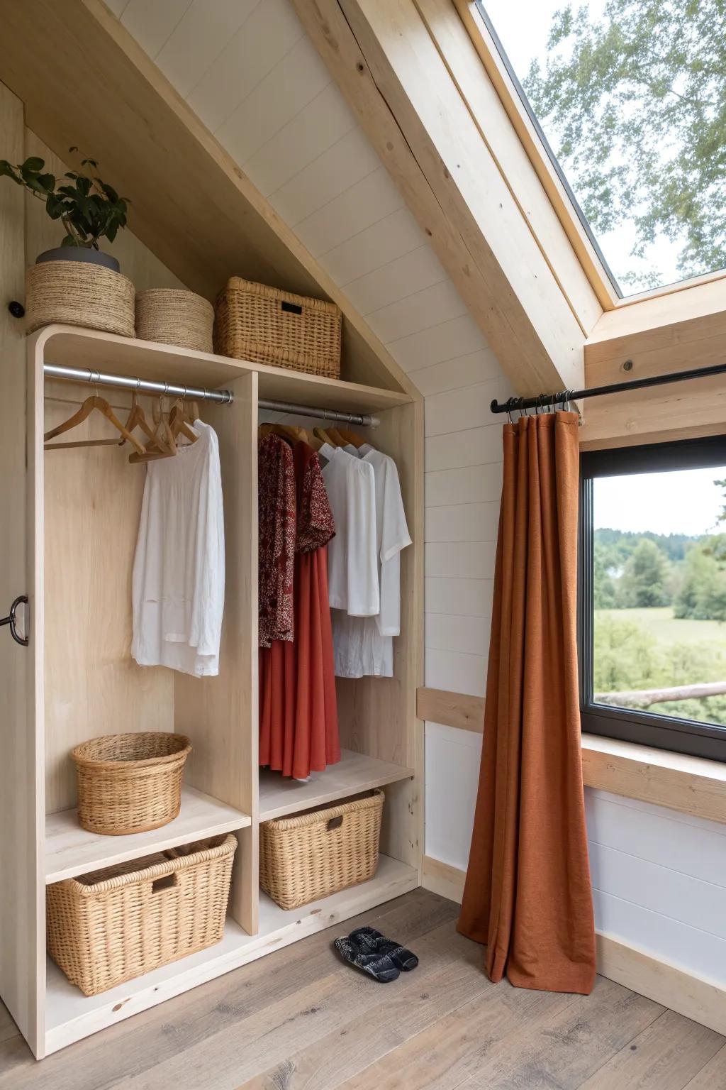 Loft crawl-space closet: birch cubbies + brass rod, finished with a bold rust linen curtain.