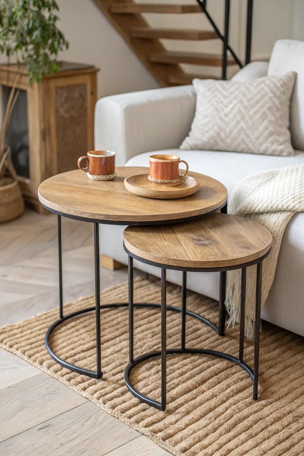 Space-saving nesting tables: pull apart for snacks or work, tuck in to keep floors open.