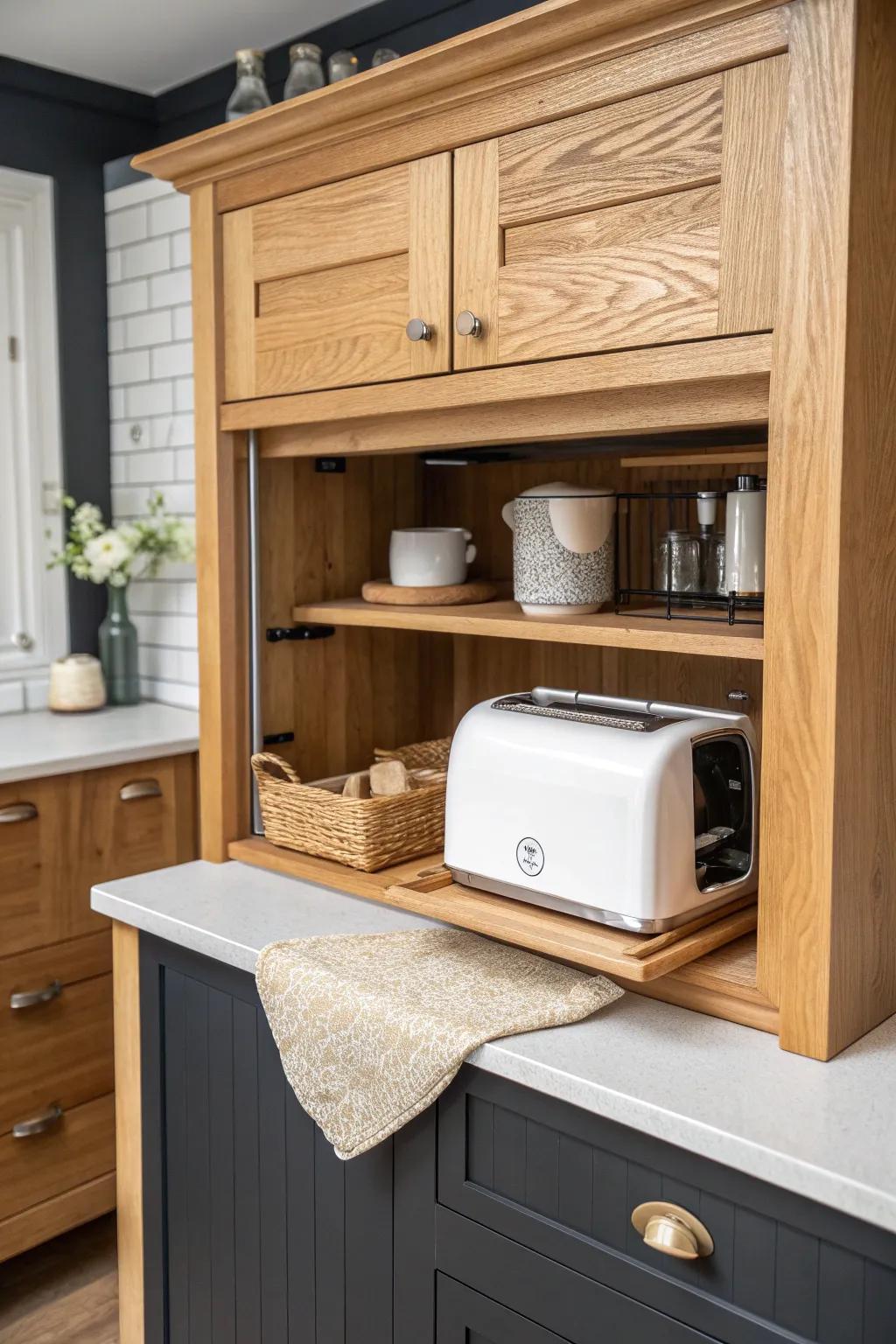 A sleek appliance garage keeps tiny house counters calm—plug in inside the cabinet.