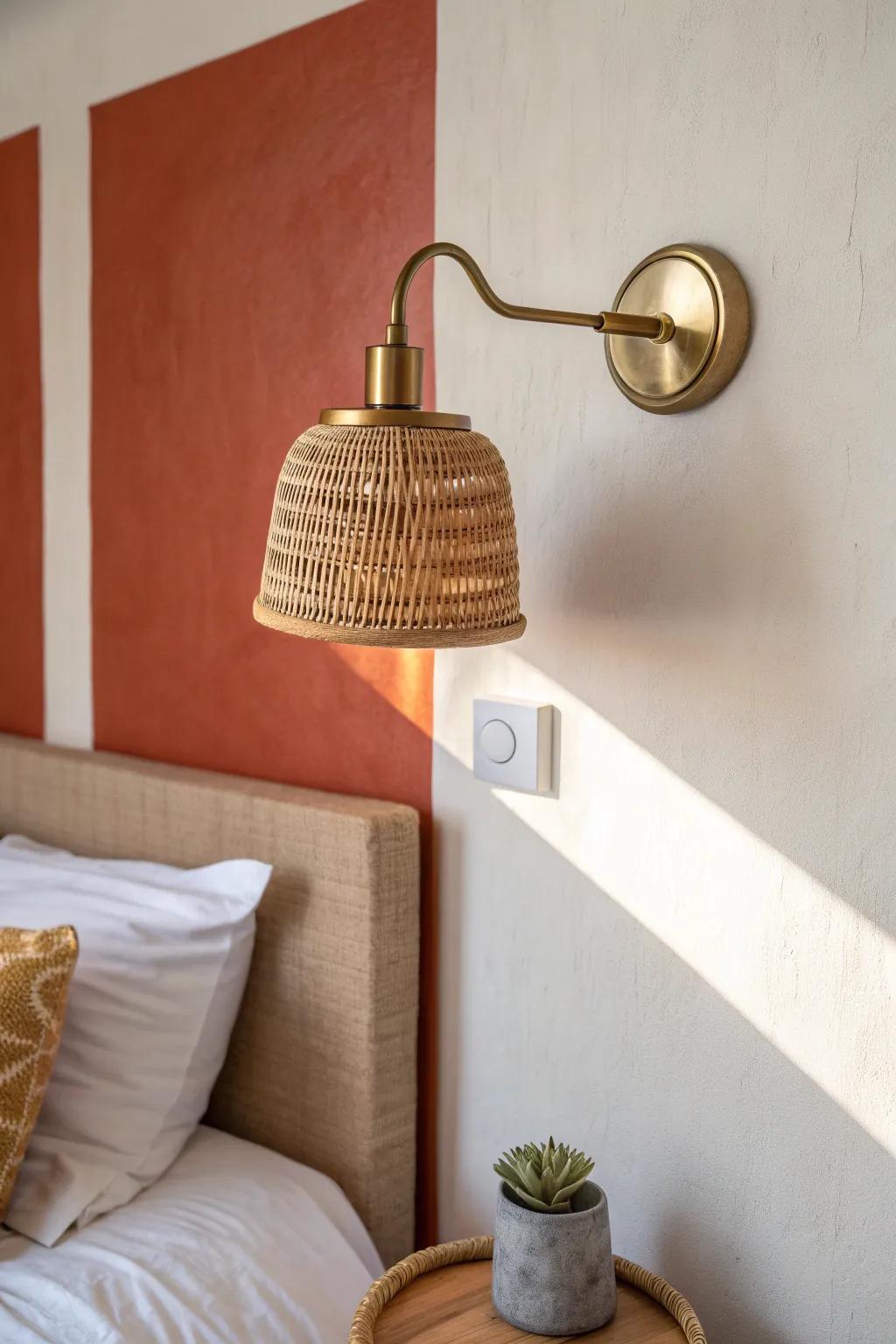 Wall-mounted sconce frees nightstand space and adds a designer glow—perfect for tiny rooms.