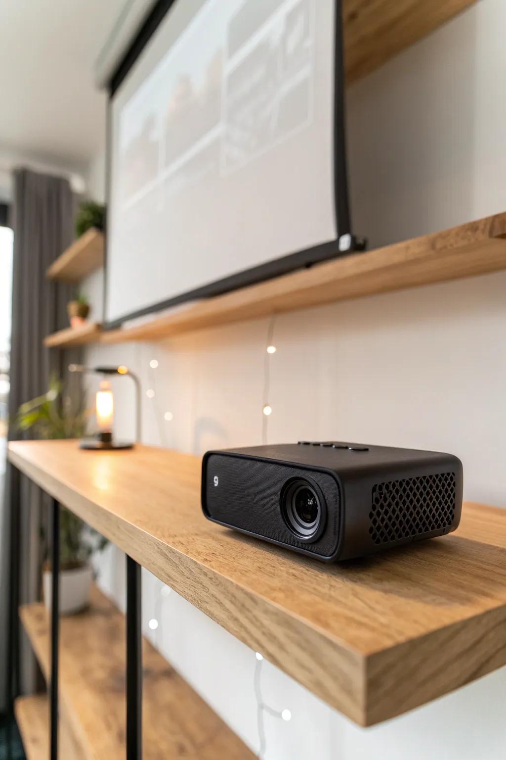 A sleek mini projector keeps your tiny man cave wall clean—screen rolls away in seconds.