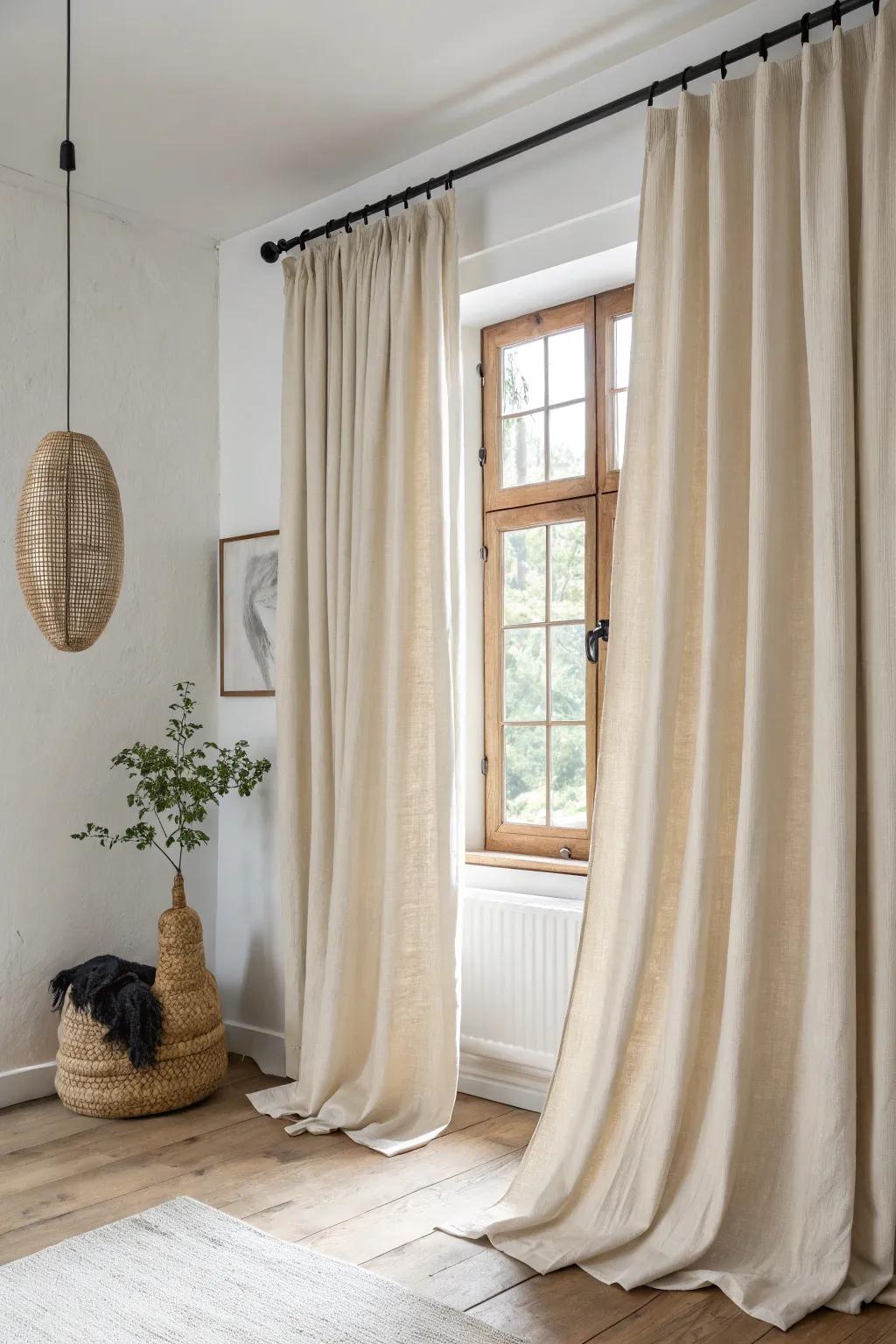Hang curtains high and wide to make a tiny bedroom feel taller and instantly more spacious.